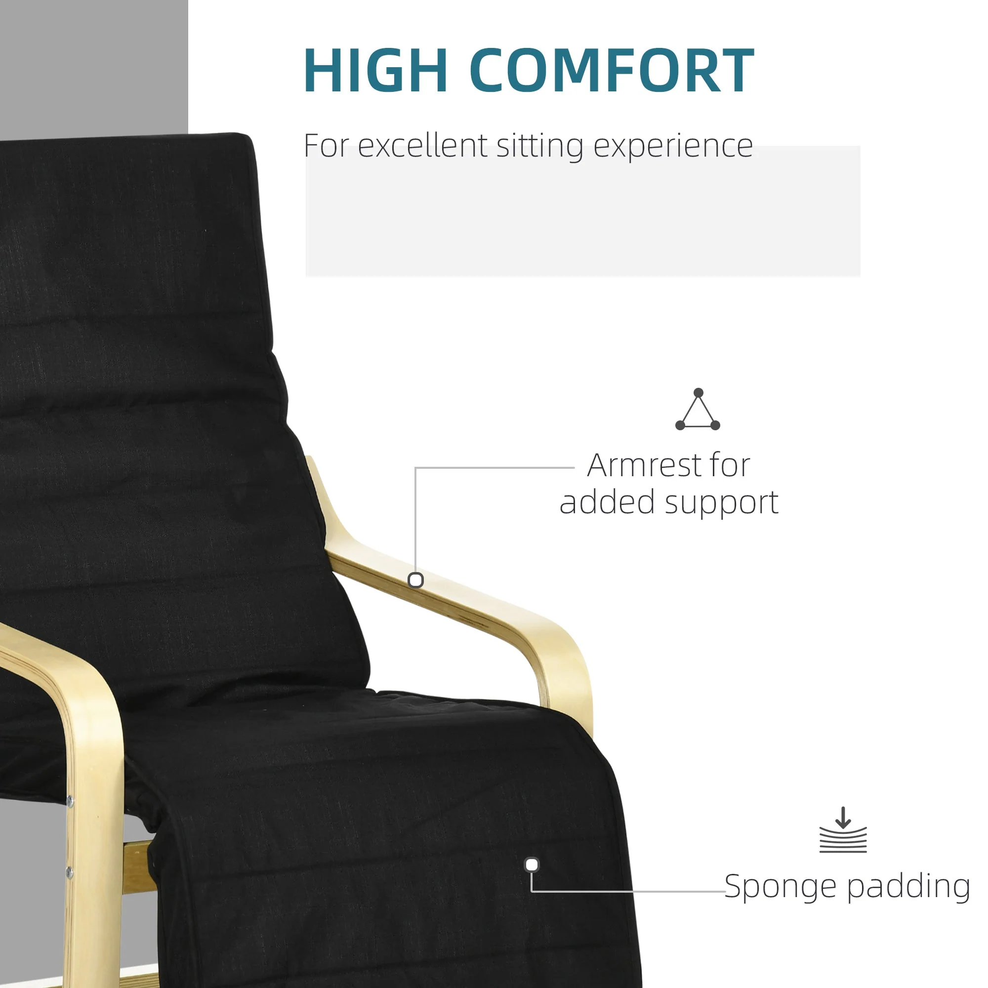 Homcom Wooden Lounging Chair Deck Relaxing Recliner Lounge Seat With Adjustable Footrest & Removable Cushion Black - Image 4