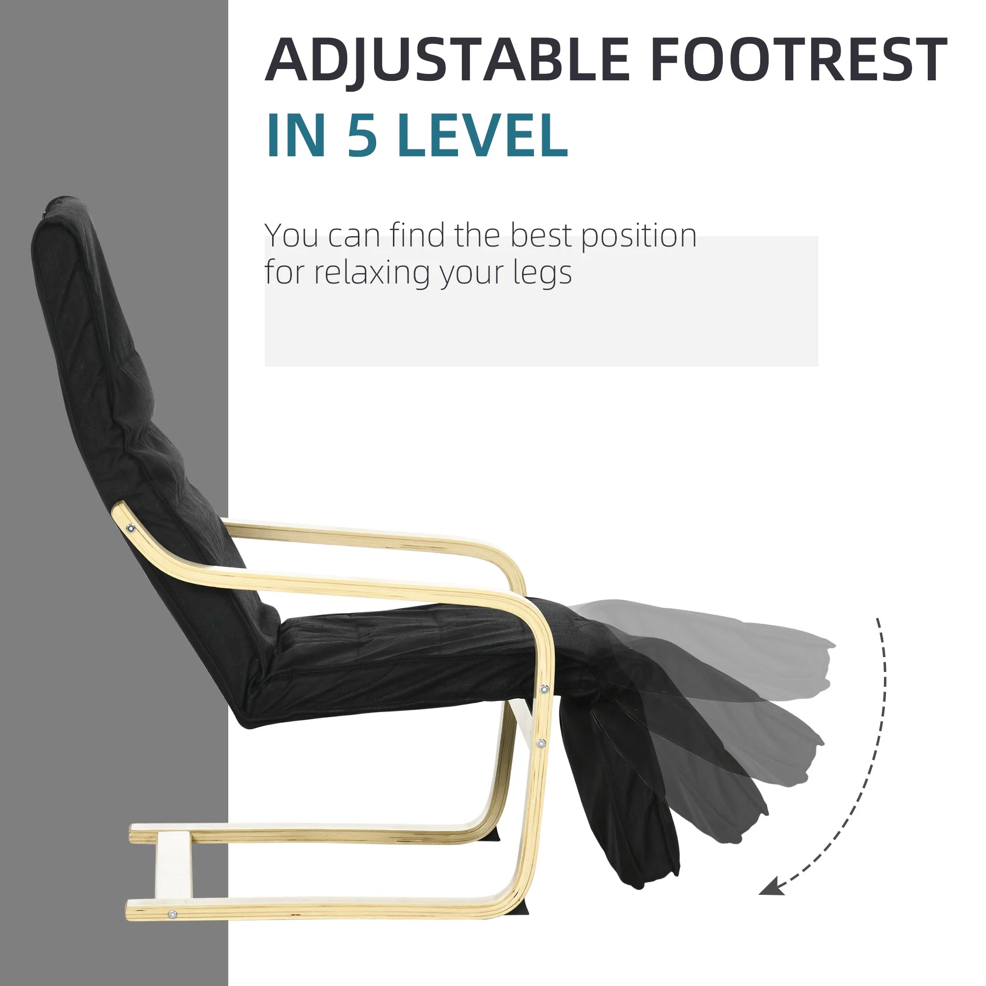 Homcom Wooden Lounging Chair Deck Relaxing Recliner Lounge Seat With Adjustable Footrest & Removable Cushion Black - Image 5