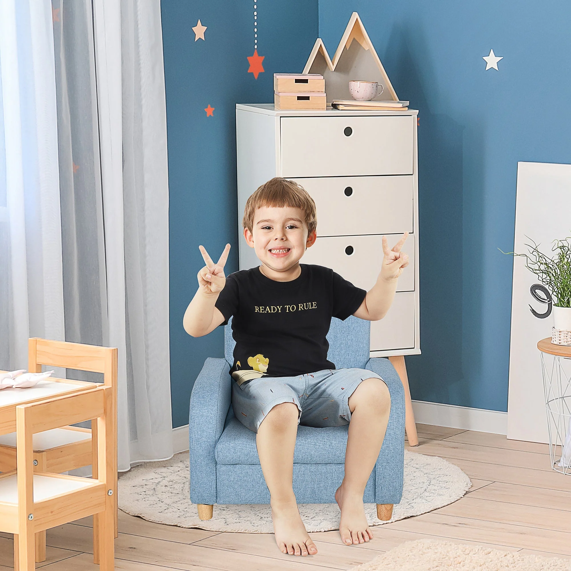 Kids Children Armchair Mini Sofa Wood Frame Anti-Slip Legs High Back Bedroom Playroom Furniture Blue - Image 2