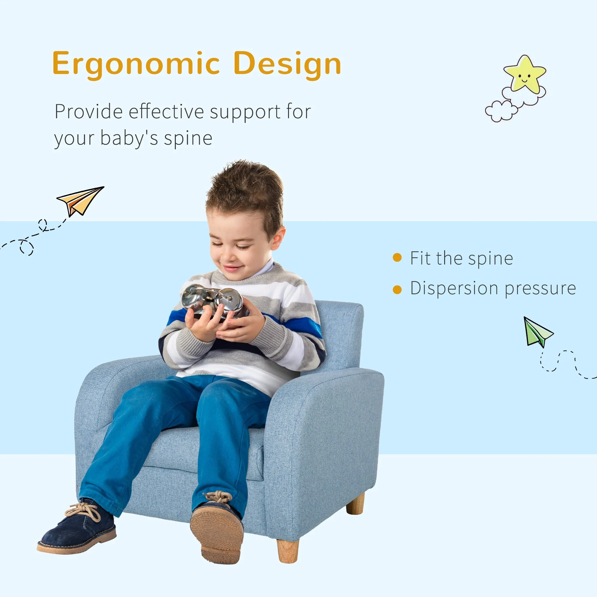 Kids Children Armchair Mini Sofa Wood Frame Anti-Slip Legs High Back Bedroom Playroom Furniture Blue - Image 5