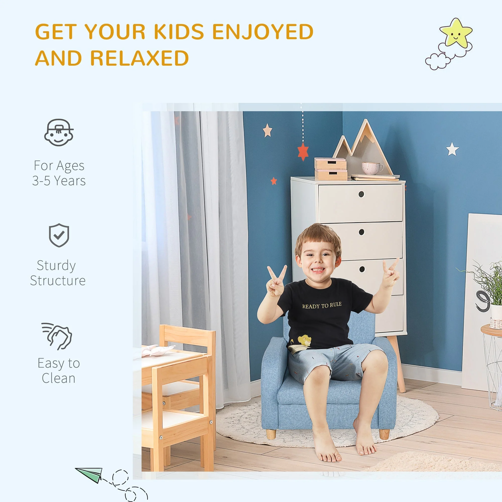 Kids Children Armchair Mini Sofa Wood Frame Anti-Slip Legs High Back Bedroom Playroom Furniture Blue - Image 6