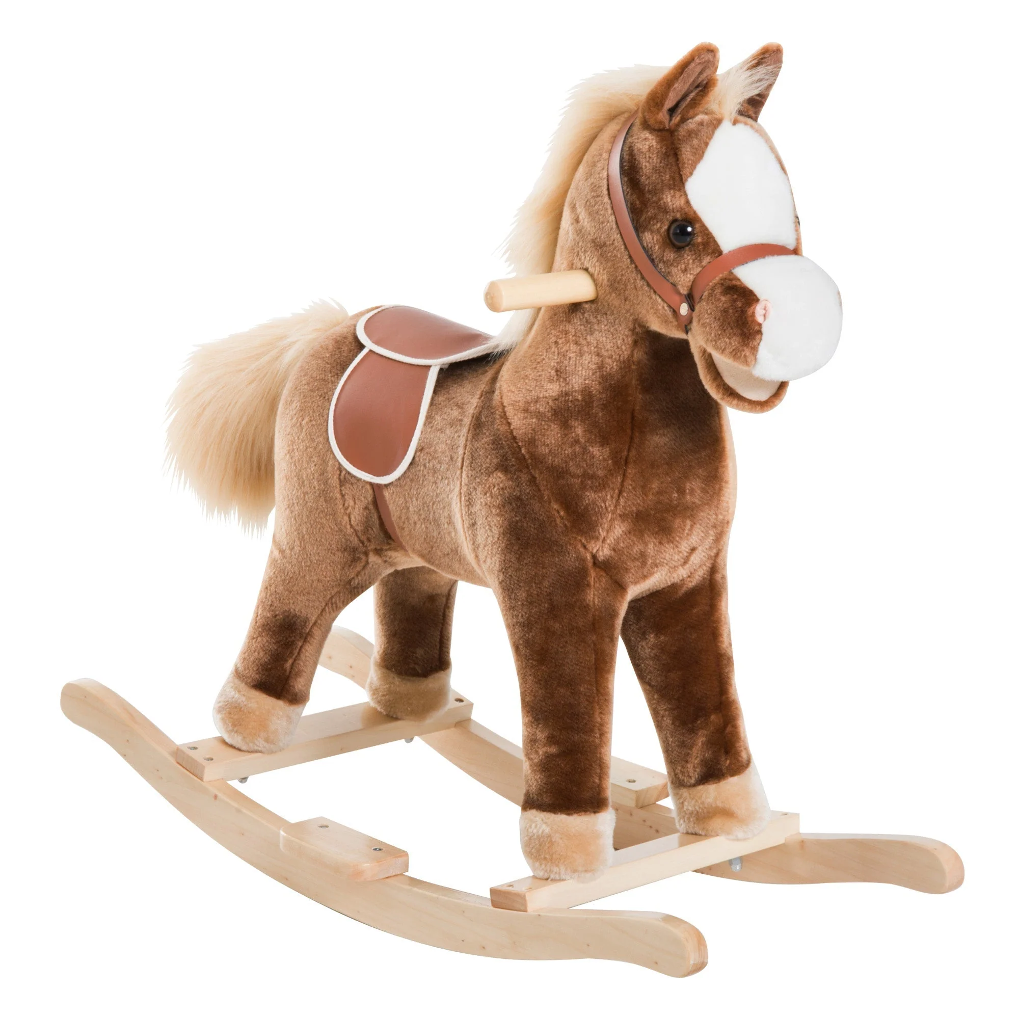 Kids Children Plush Rocking Horse Wooden Base Ride On Toy Rocker with Handle Grip Traditional Toy Fun Gift for Age 3+ Brown - Image 2