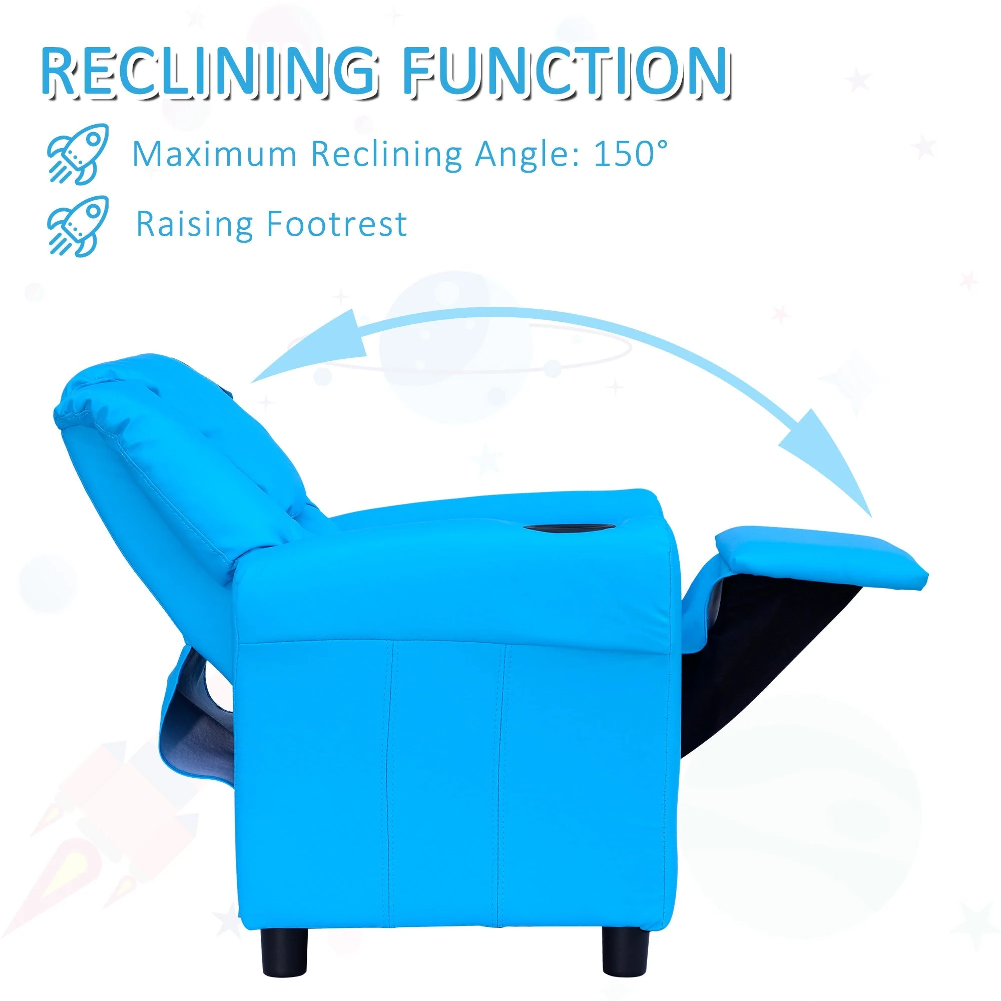 Kids Children Recliner Lounger Armchair Games Chair Sofa Seat PU Leather Look w/ Cup Holder Blue - Image 4