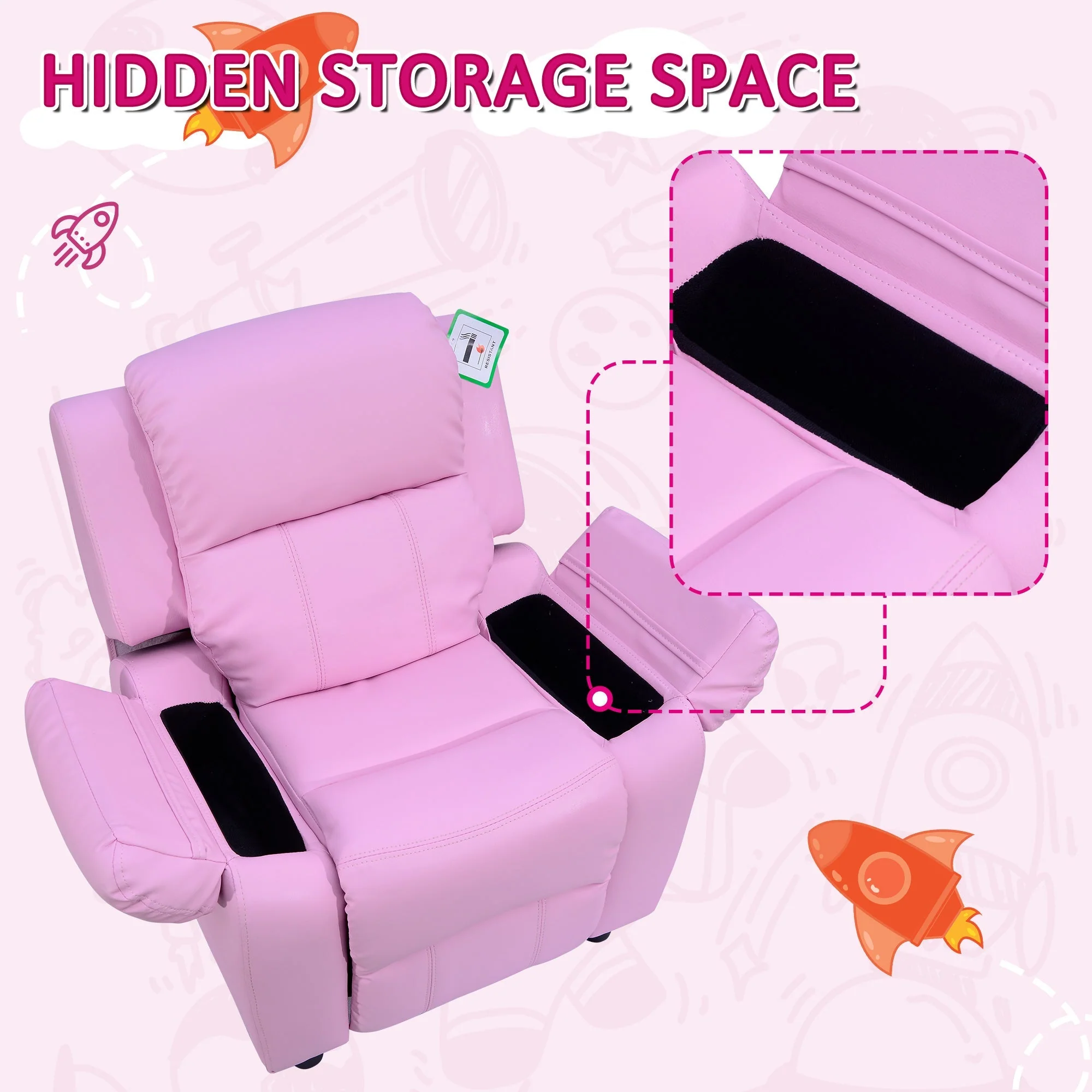 Kids Children Recliner Lounger Armchair Games Chair Sofa Seat PU Leather Look w/ Storage Space on Arms Pink - Image 6