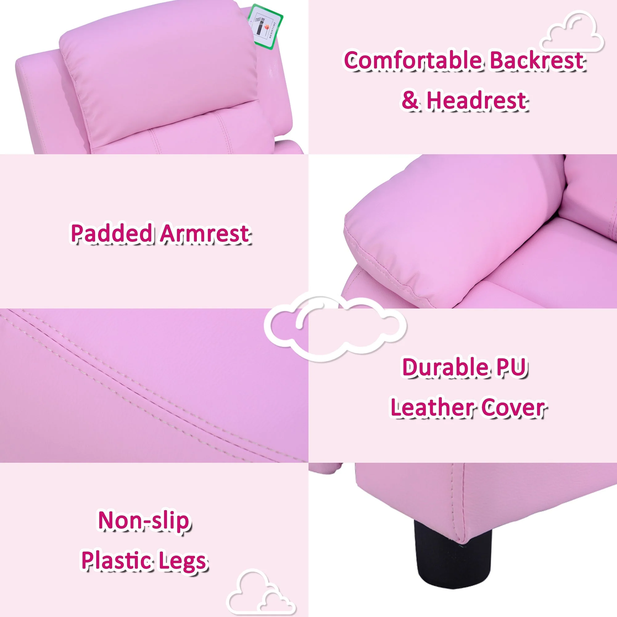 Kids Children Recliner Lounger Armchair Games Chair Sofa Seat PU Leather Look w/ Storage Space on Arms Pink - Image 7