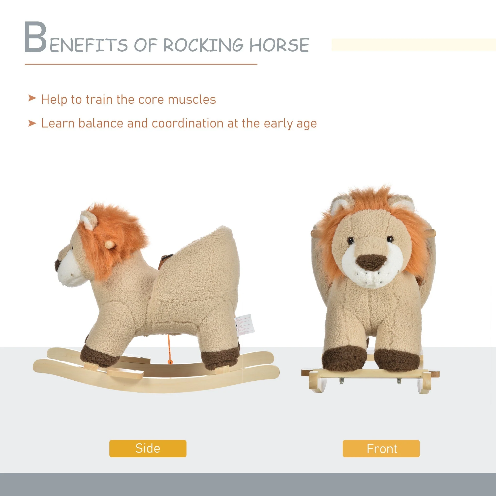 Kids Children Rocking Horse Plush Ride On Lion Seat w/ Sound Wood Base Seat Safety Belt Toddler Baby Toy Brown - Image 5