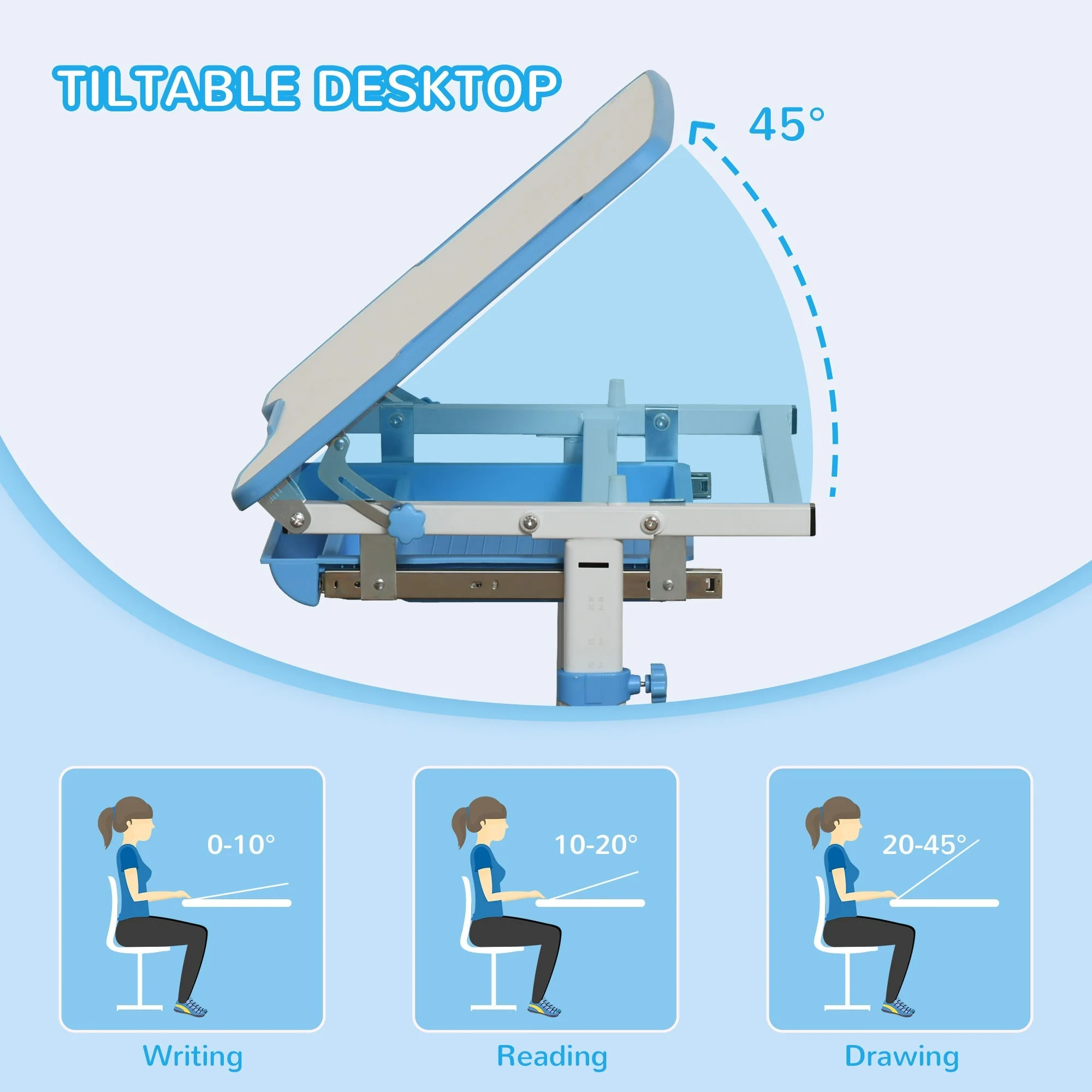 Kids Desk and Chair Set Height Adjustable Student Writing Desk Children School Study Table with Tiltable Desktop - Image 7