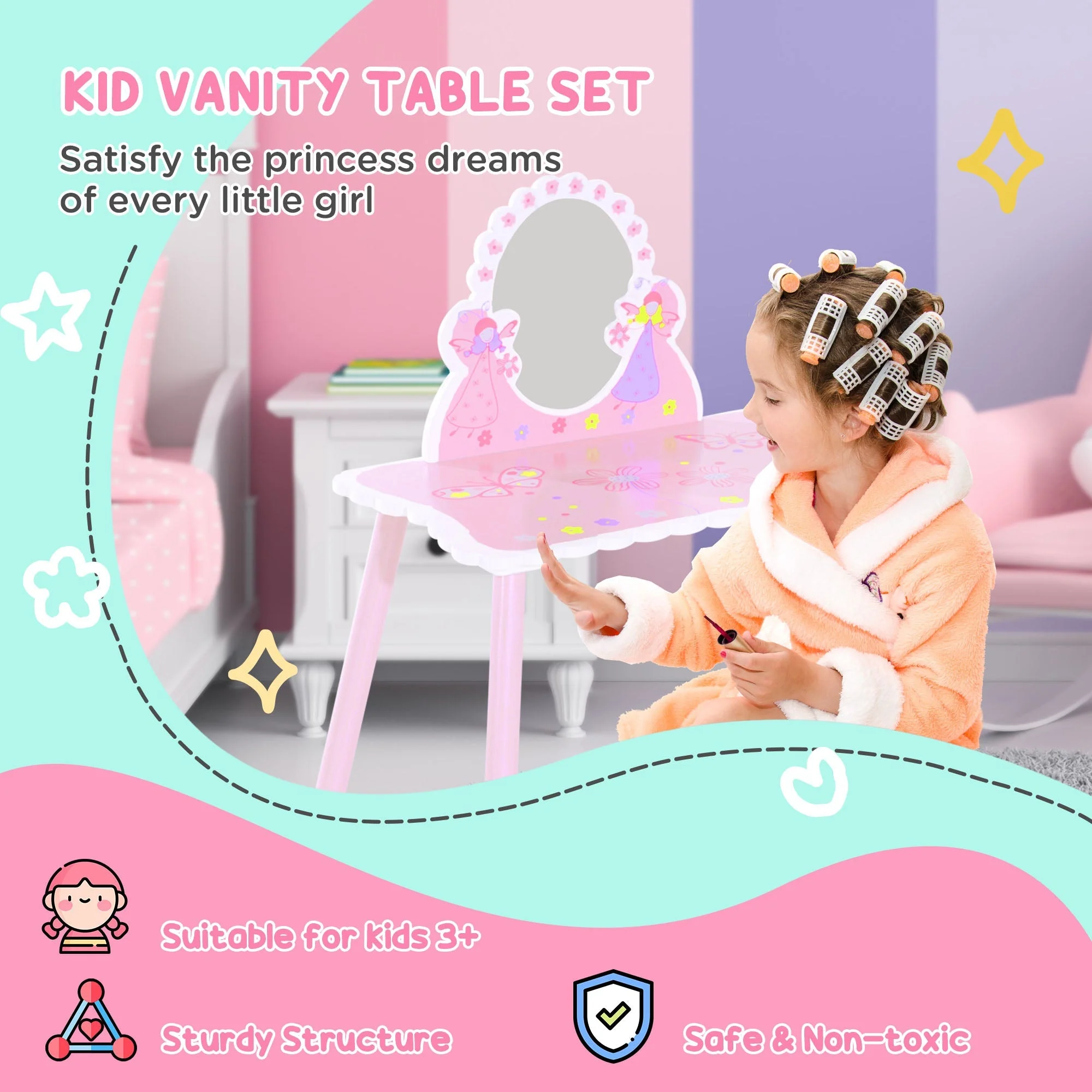 Kids Dressing Table Girls Pink Wooden Kids Dressing Table & Stool Make Up Desk Chair Toys Fairy Dresser Play Set w/Mirror - Image 3