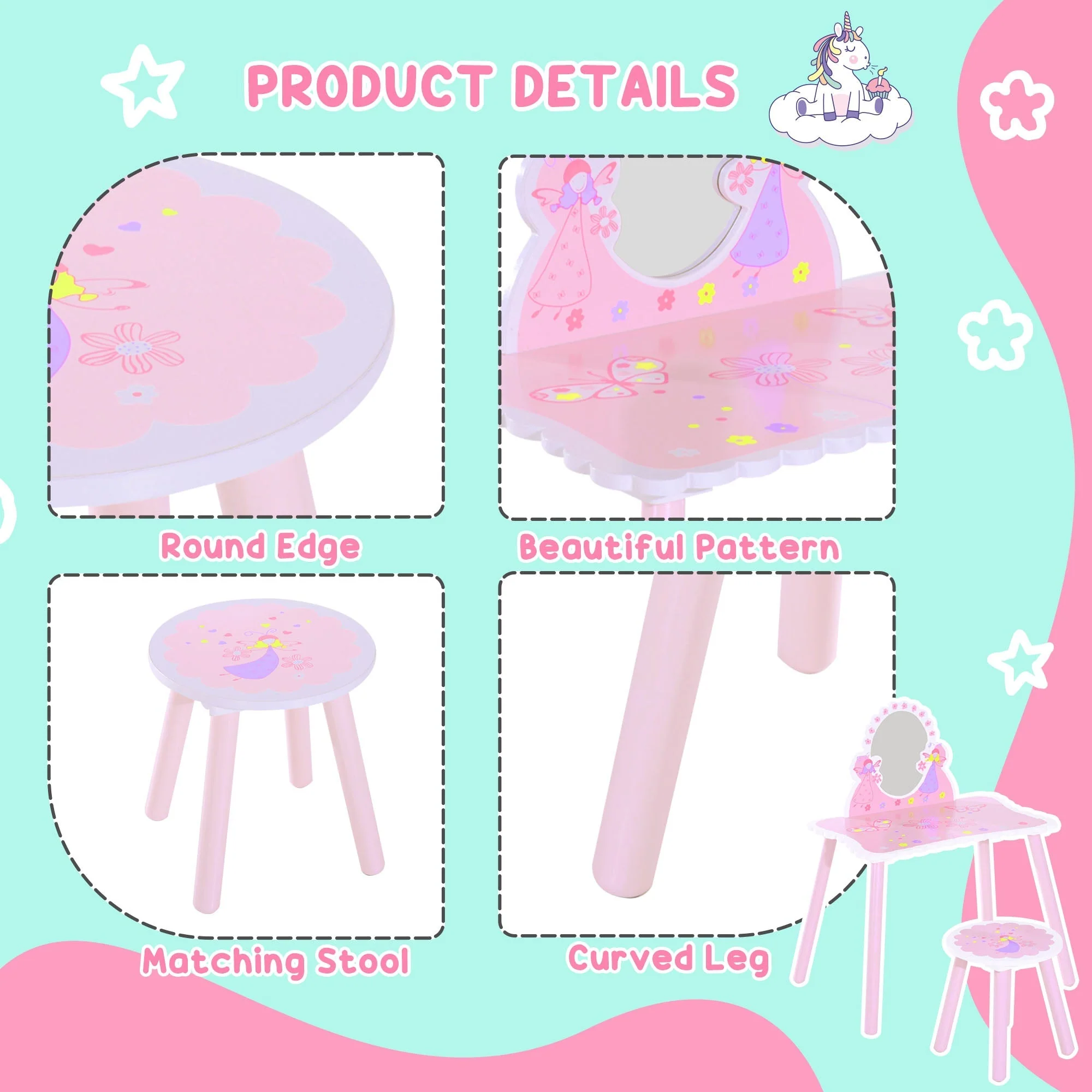 Kids Dressing Table Girls Pink Wooden Kids Dressing Table & Stool Make Up Desk Chair Toys Fairy Dresser Play Set w/Mirror - Image 4