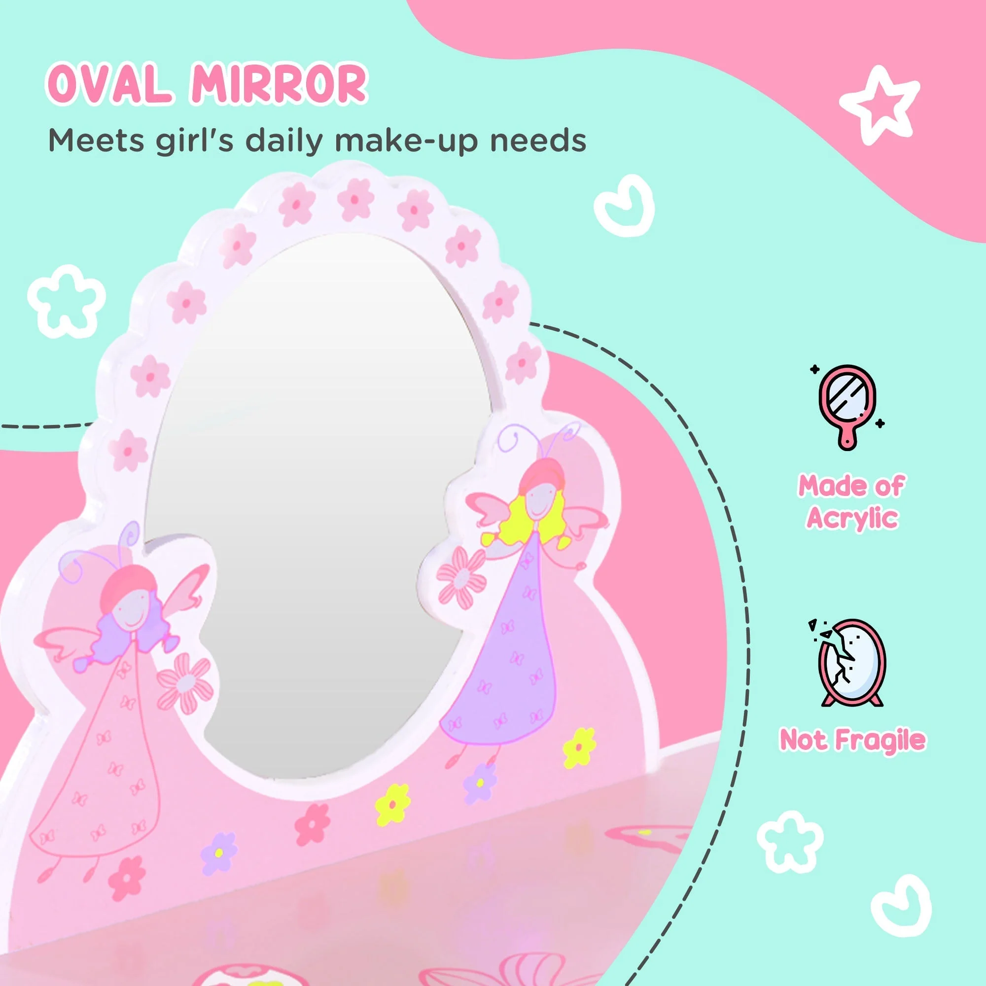 Kids Dressing Table Girls Pink Wooden Kids Dressing Table & Stool Make Up Desk Chair Toys Fairy Dresser Play Set w/Mirror - Image 5