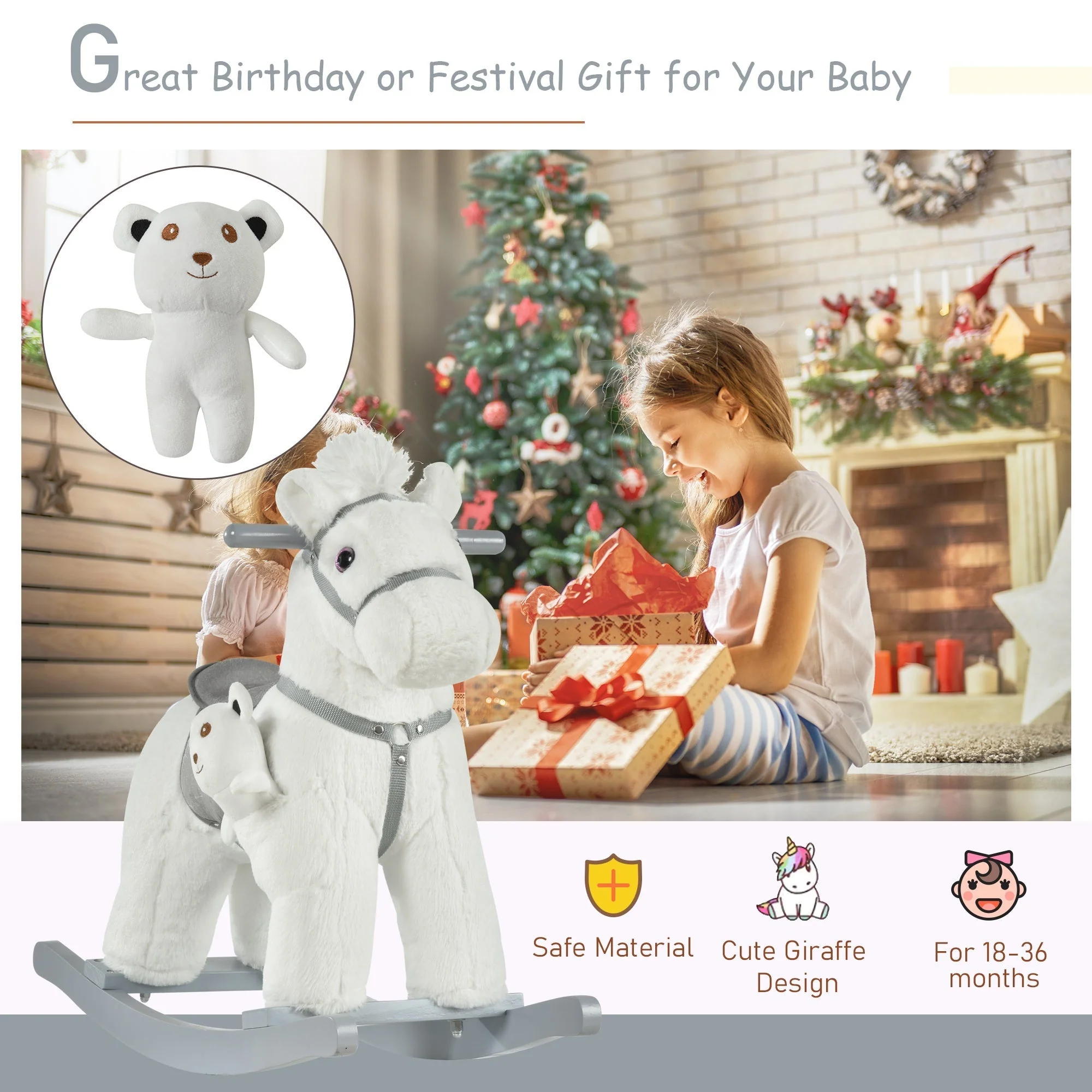 Kids Plush Ride-On Rocking Horse Toy Rocker With Plush Toy Realistic Sounds For Child 18-36 Months White - Image 5