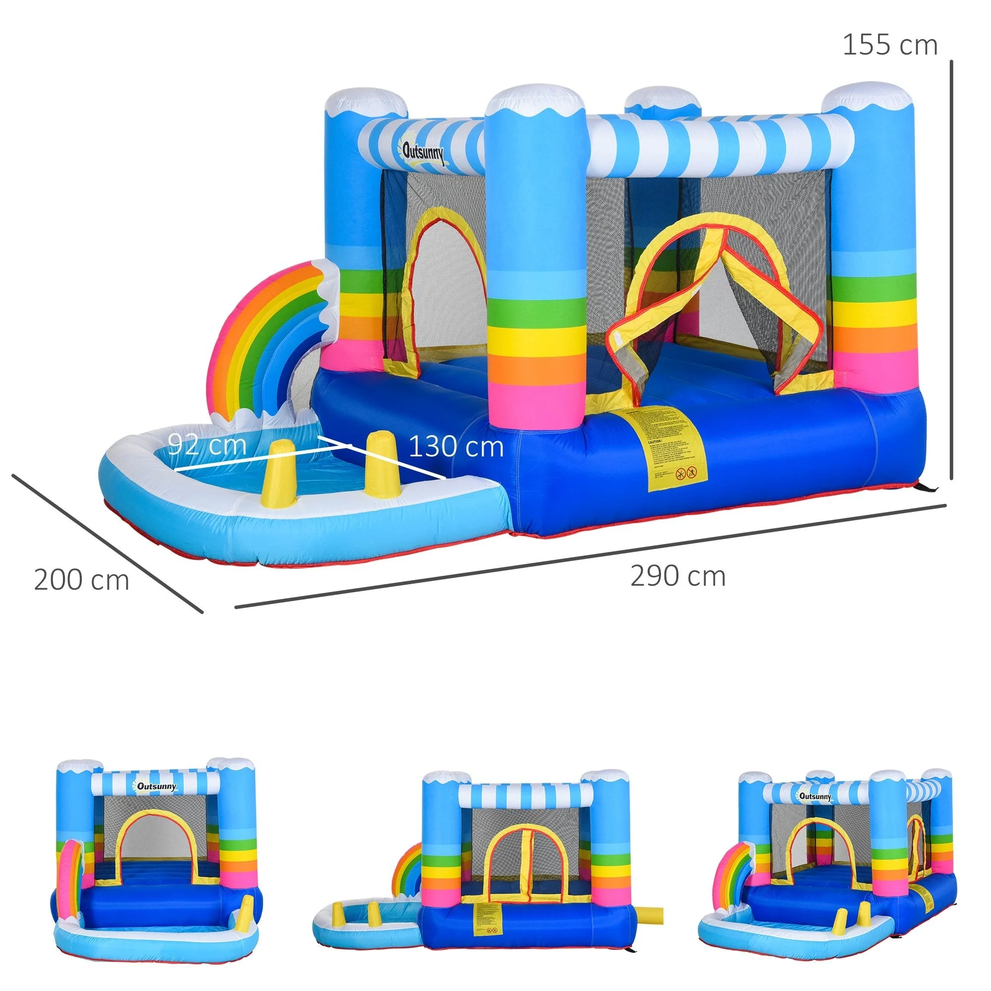 Kids Rainbow Bouncy Castle & Pool House Inflatable Trampoline w/ Blower Pump Outdoor Play Garden Activity Exercise Fun 3-8 Years 2.8 x 1.7 x 1.55m - Image 3