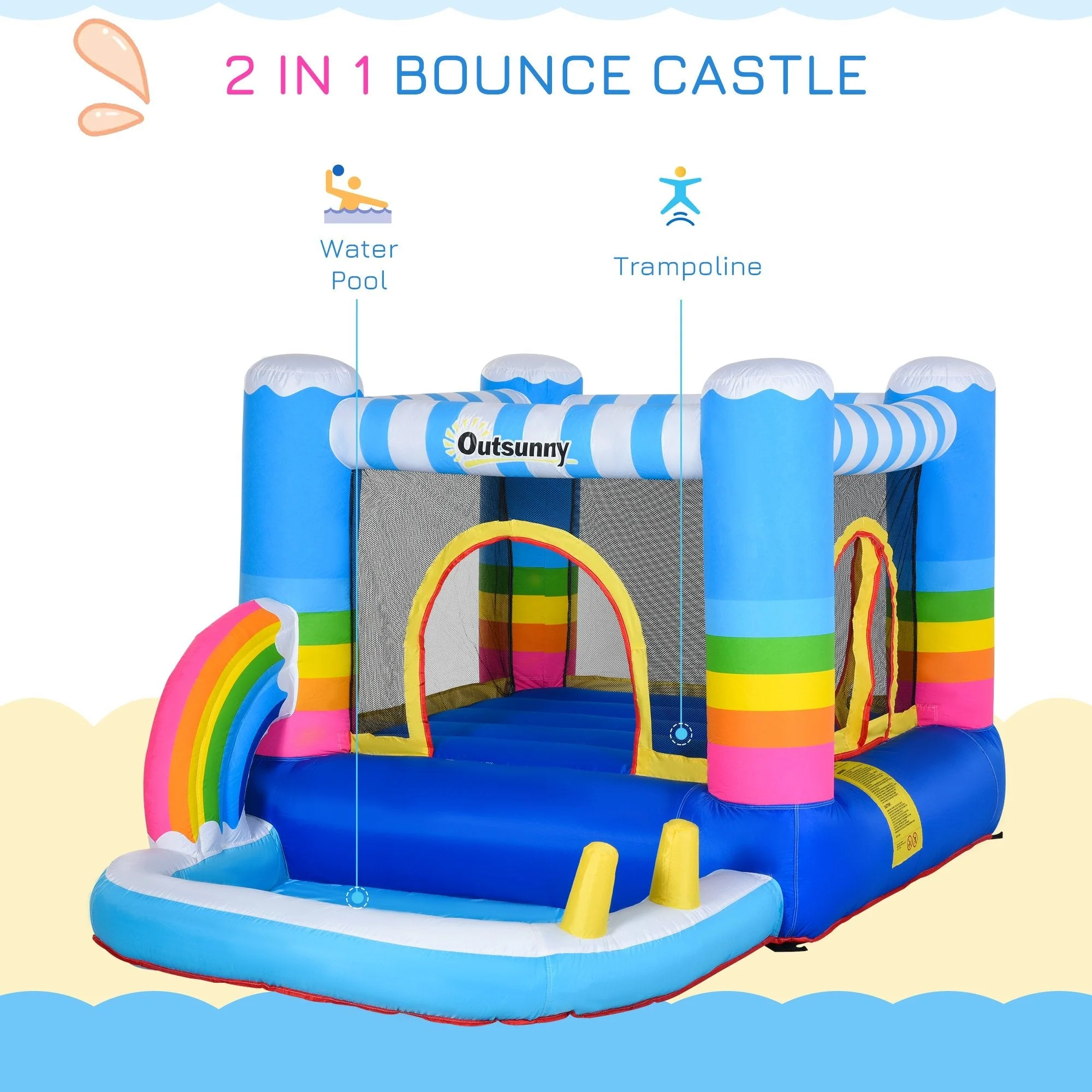 Kids Rainbow Bouncy Castle & Pool House Inflatable Trampoline w/ Blower Pump Outdoor Play Garden Activity Exercise Fun 3-8 Years 2.8 x 1.7 x 1.55m - Image 4