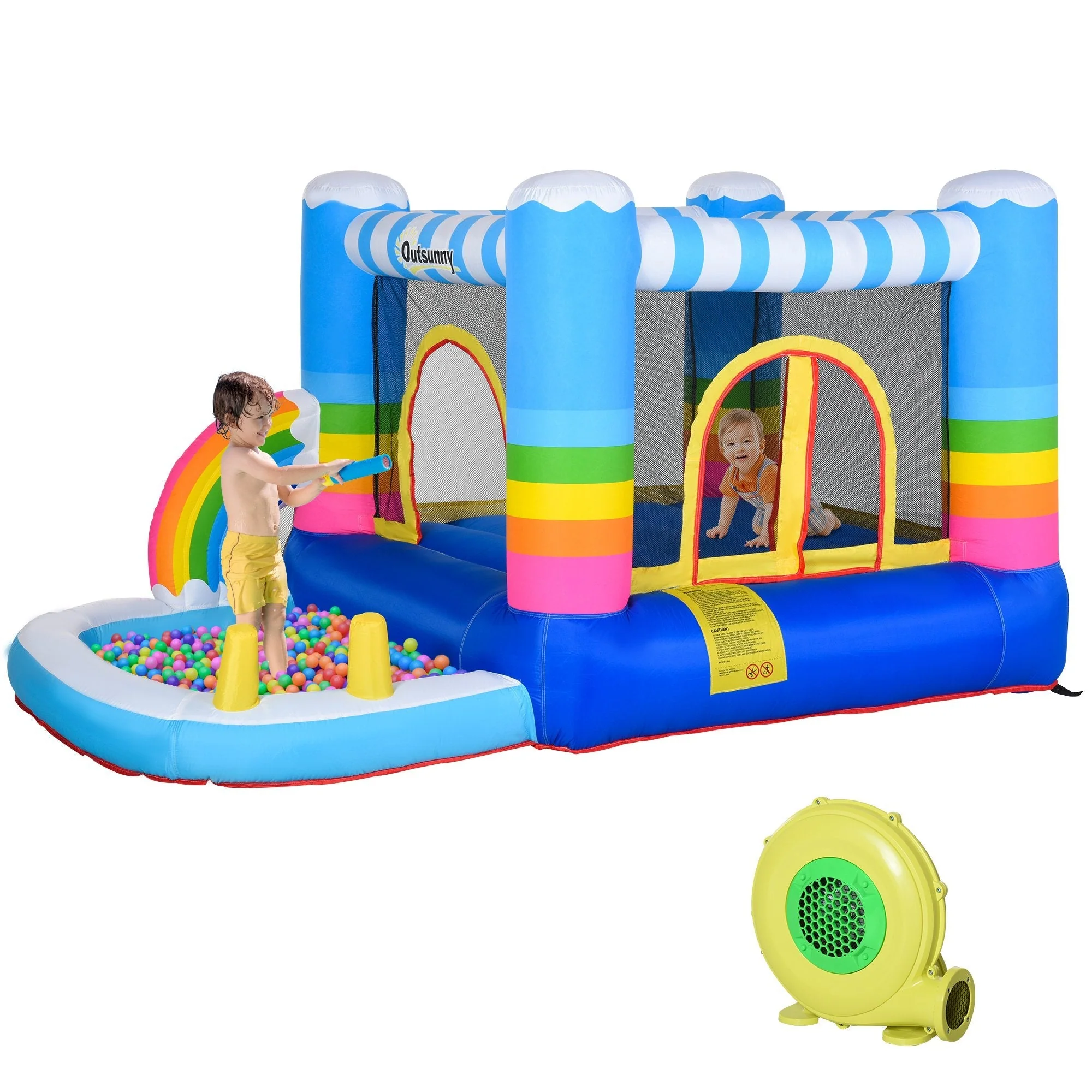 Kids Rainbow Bouncy Castle & Pool House Inflatable Trampoline w/ Blower Pump Outdoor Play Garden Activity Exercise Fun 3-8 Years 2.8 x 1.7 x 1.55m - Image 9