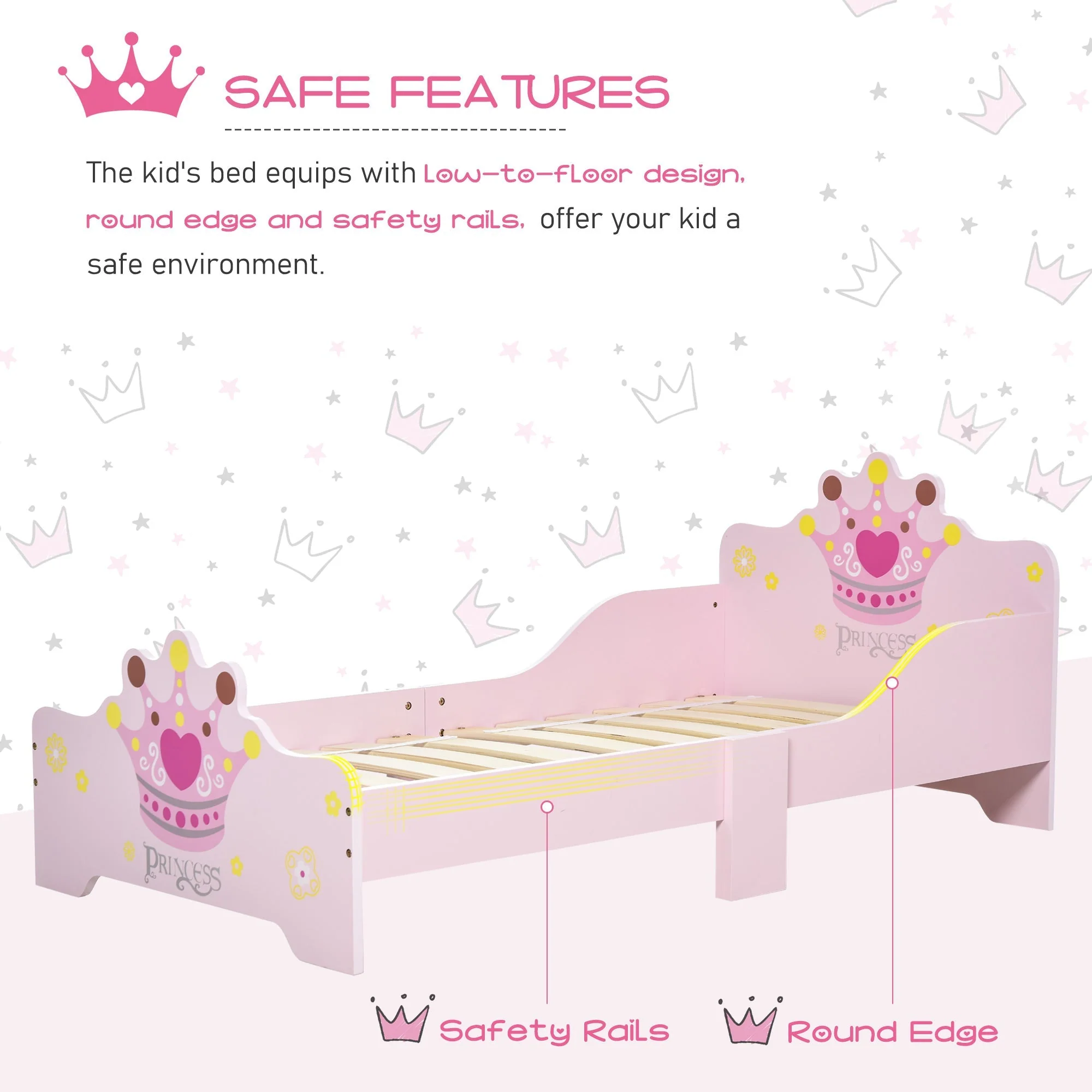 Kids Toddler Bed Princess Crown Theme Safety Side Rails Slats Home Bedroom Furniture Boys Girls 3-6 Yrs Pink 143 x 73 x 60 cm - Image 5