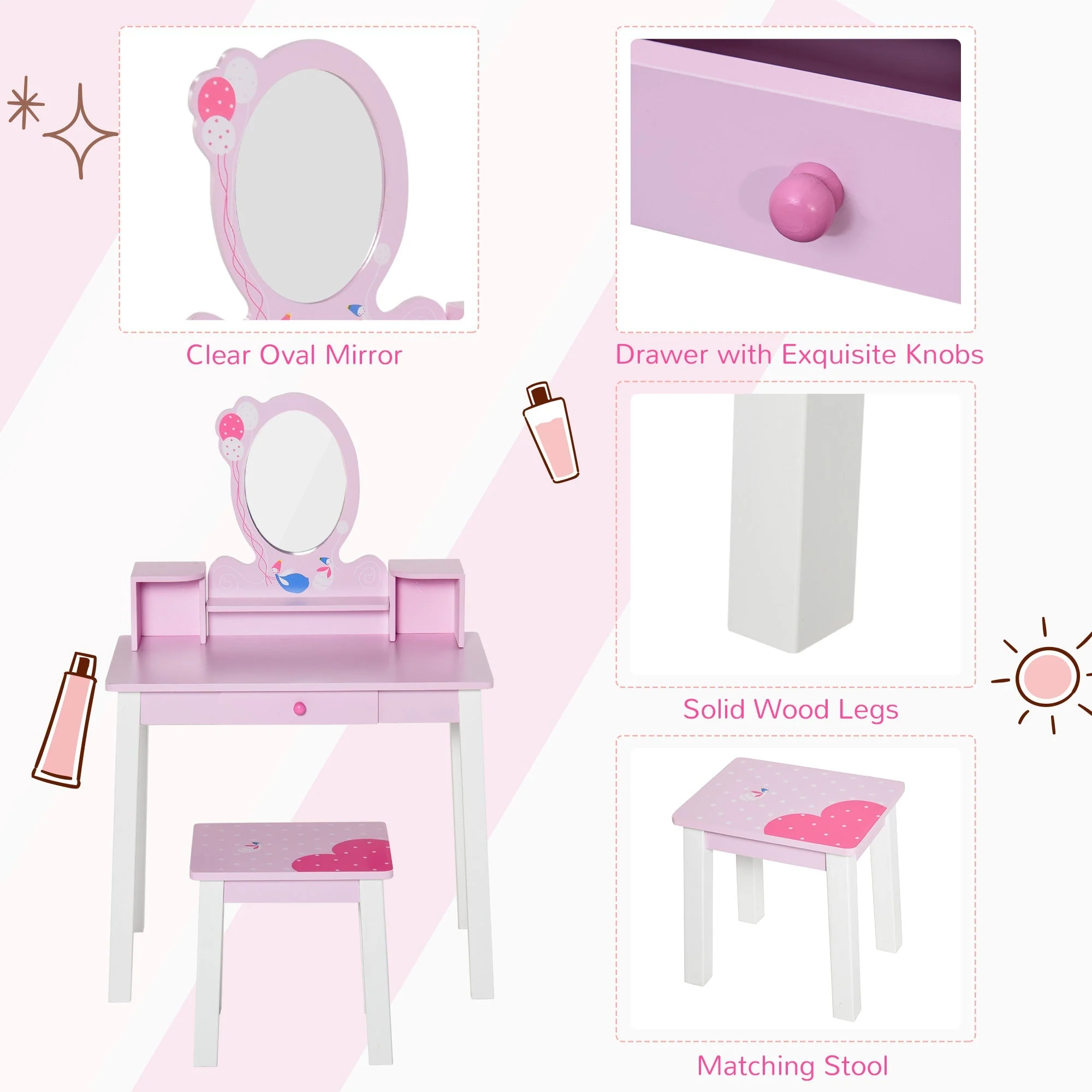 Kids Wooden Dressing Table and Stool Make Up Desk Pink - Image 5