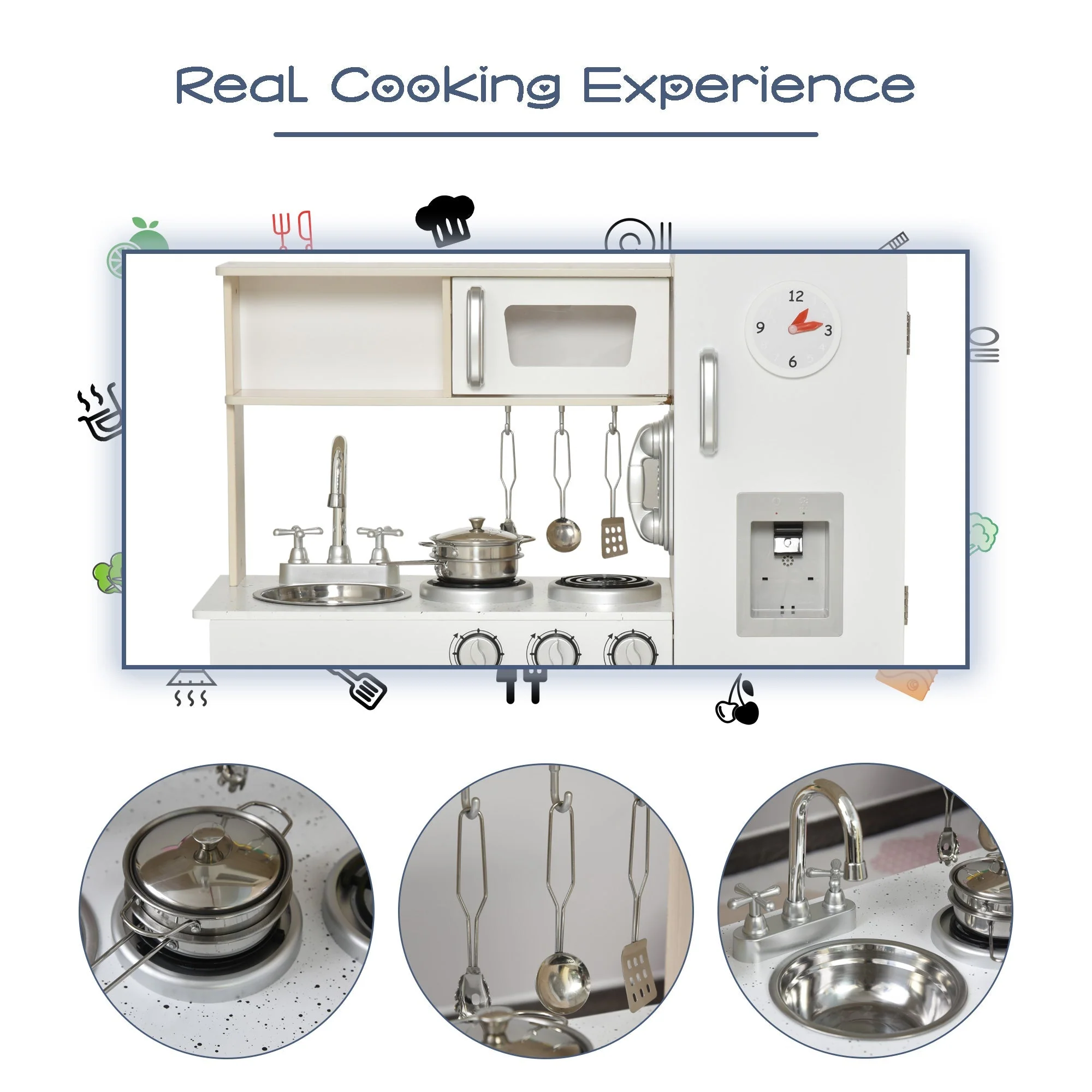Kids Wooden Pretend Play Toy Kitchen Cooking Set Role Play Phone for Boys Girls White - Image 6