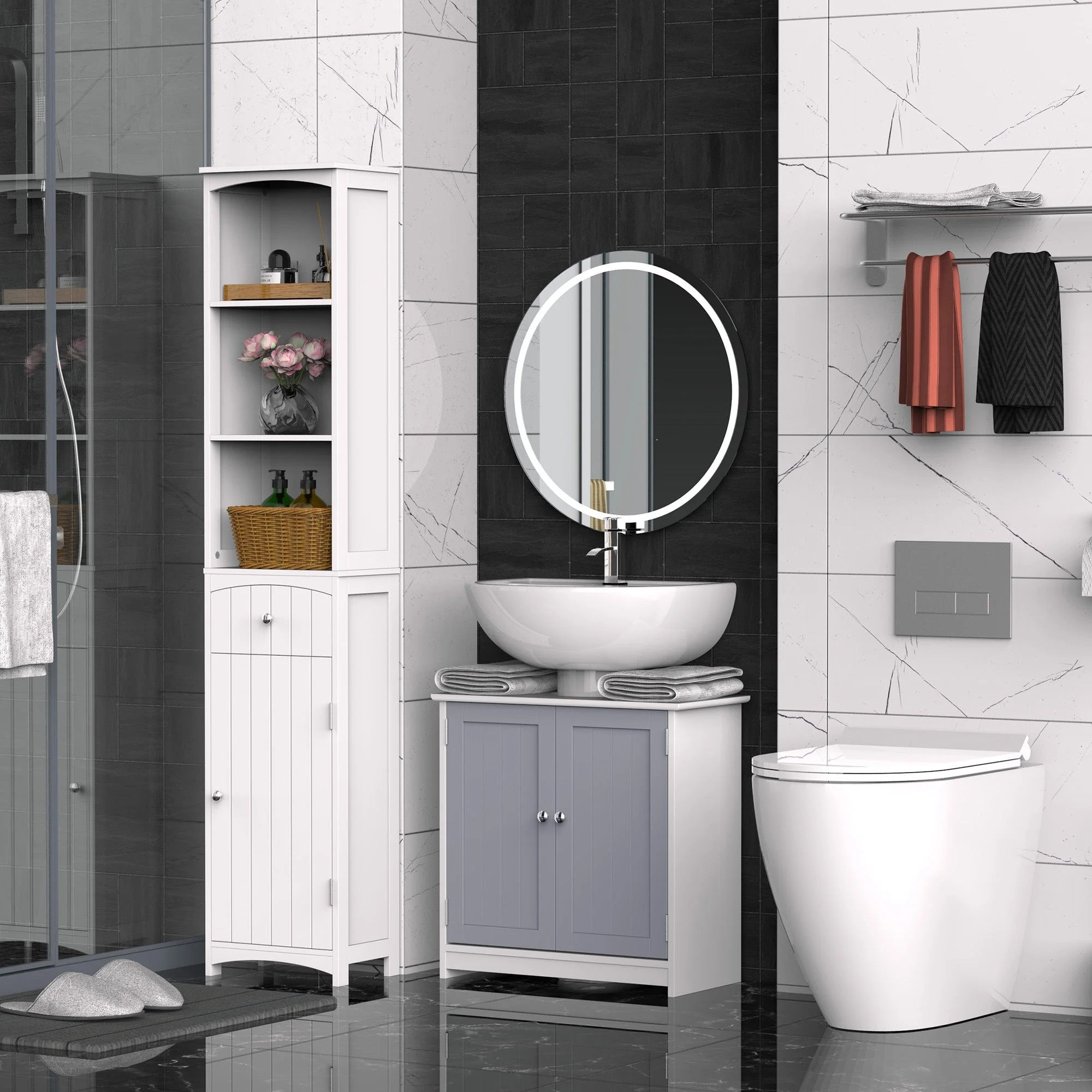 kleankin 60x60cm Under-Sink Storage Cabinet w/ Adjustable Shelf Handles Drain Hole Bathroom Cabinet Space Saver Organizer White and Grey - Image 2