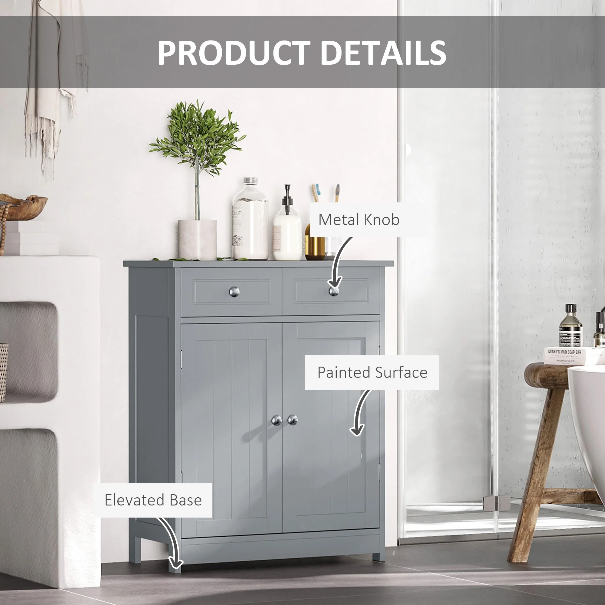 kleankin 75x60cm Freestanding Bathroom Storage Cabinet Unit w/ 2 Drawers Cupboard Adjustable Shelf Metal Handles Traditional Style Grey - Image 6