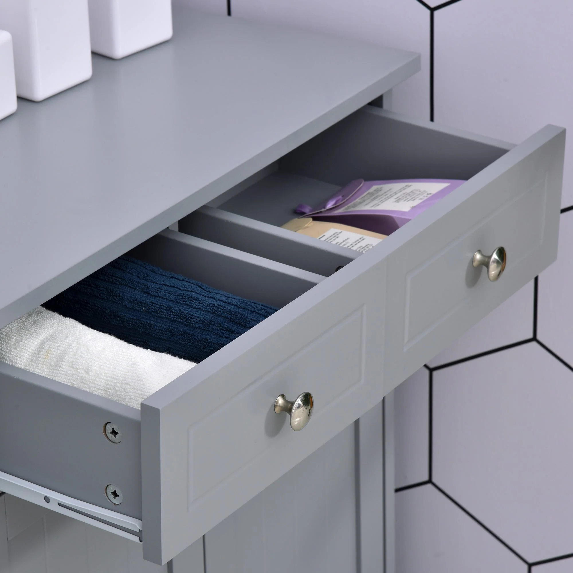 kleankin 75x60cm Freestanding Bathroom Storage Cabinet Unit w/ 2 Drawers Cupboard Adjustable Shelf Metal Handles Traditional Style Grey - Image 8