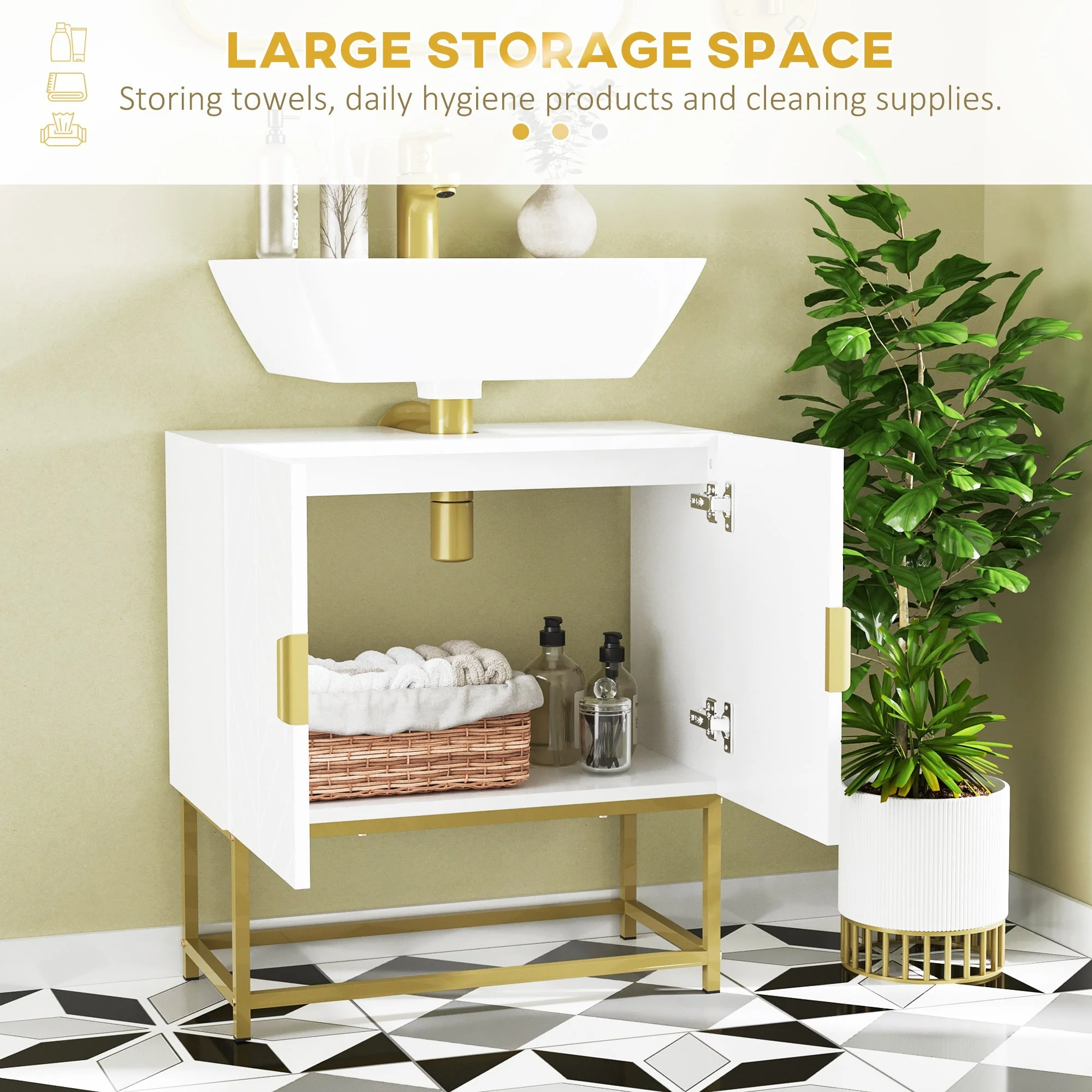 kleankin Bathroom Mirror Cabinet Under Sink Storage Cabinet Basin Cupboard with 2 Doors and Gold Steel Legs - Image 3