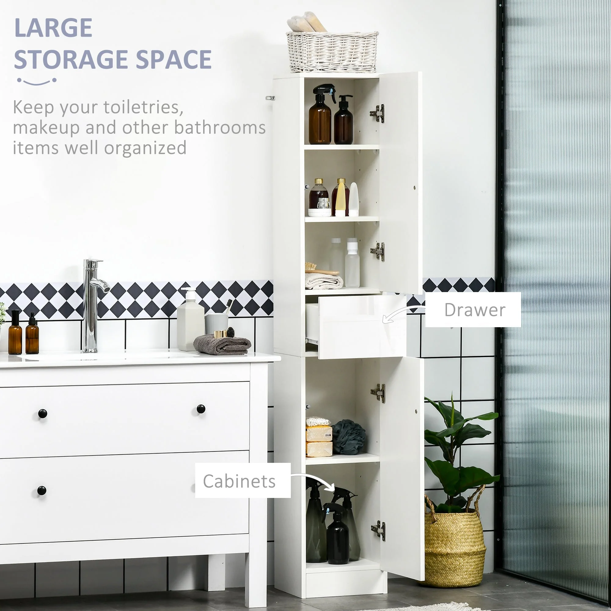 kleankin Tall Bathroom Cabinet with Adjustable Shelves - Image 3