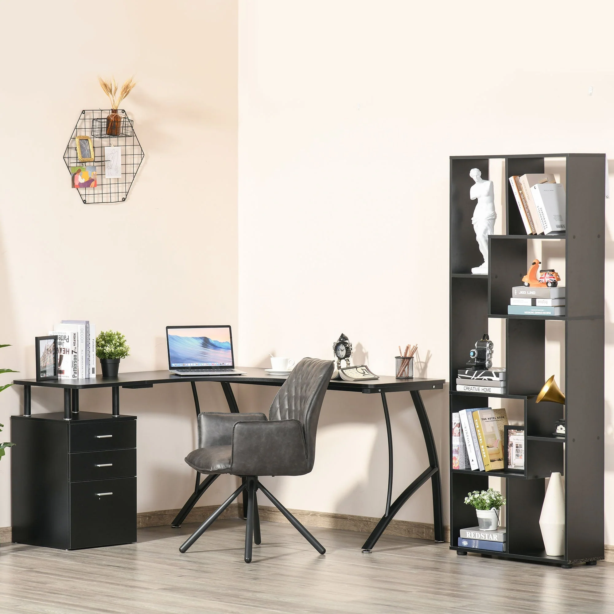 L-Shaped Computer Desk Table with Storage Drawer Home Office Corner Industrial Style Workstation - Image 2