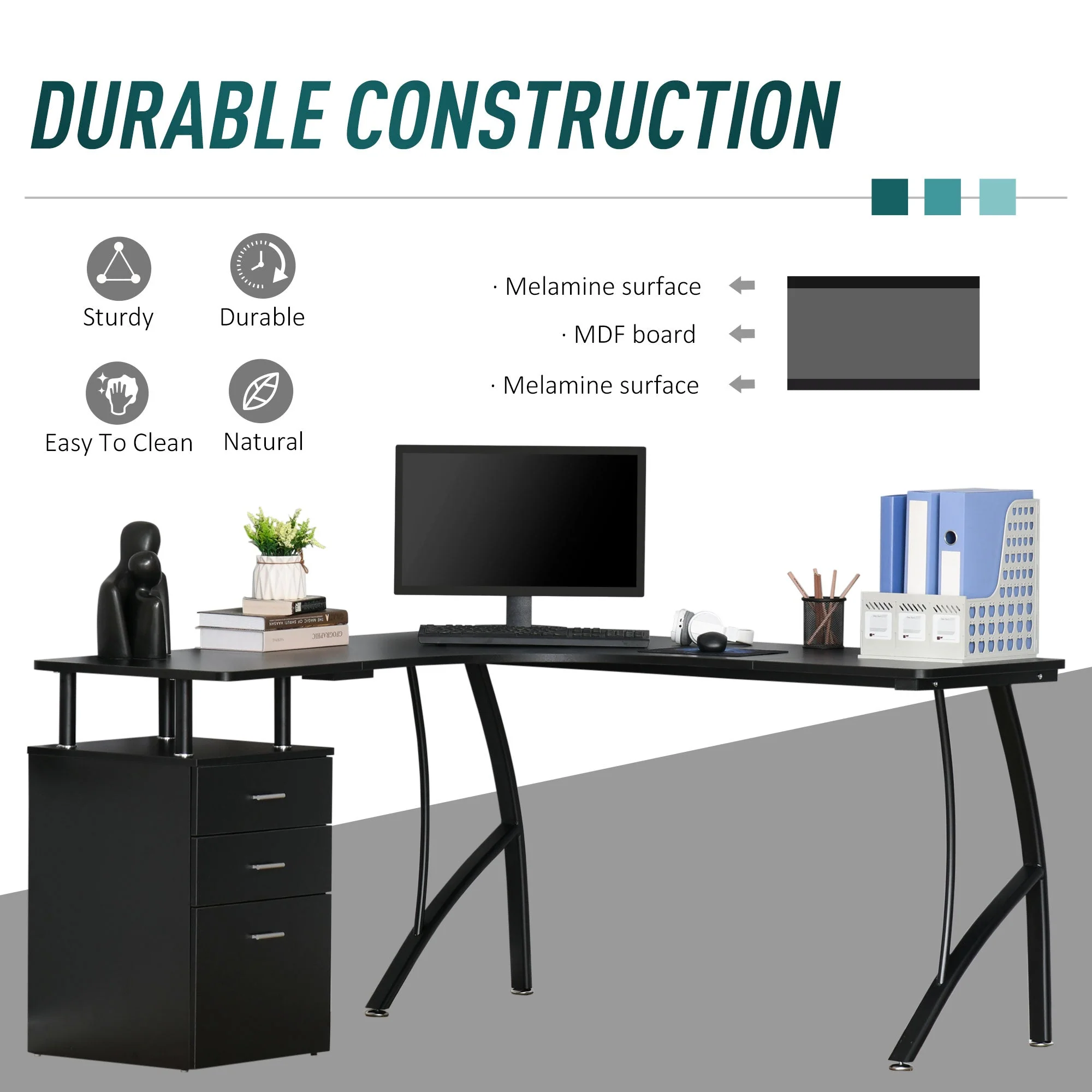 L-Shaped Computer Desk Table with Storage Drawer Home Office Corner Industrial Style Workstation - Image 5