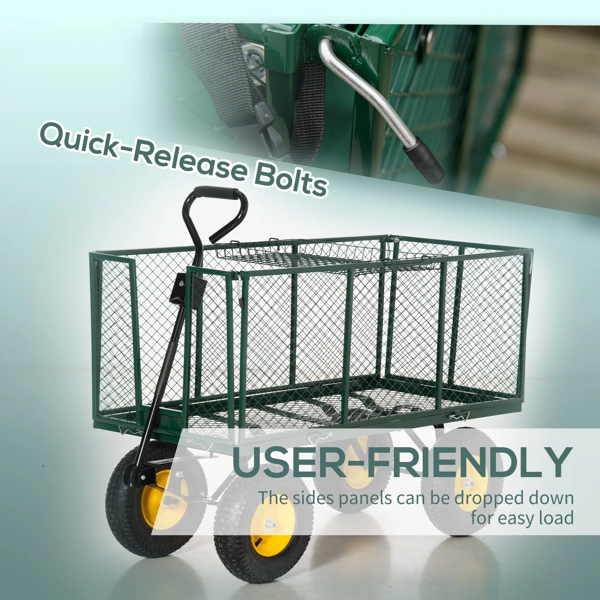 Large 4 Wheel Heavy Duty Garden Cart Truck Trolley Wheelbarrow with Handle and Metal Frame - Green - Image 6