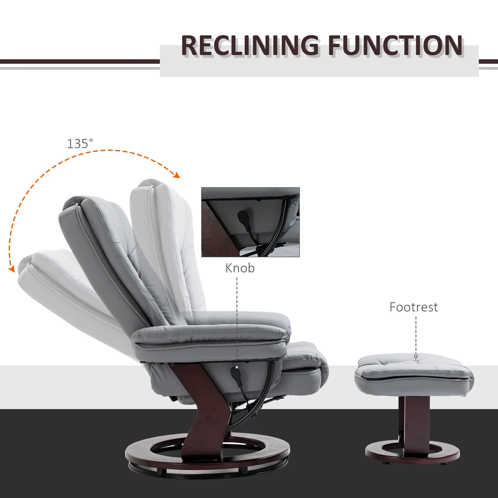 Manual Recliner and Footrest Set PU Leather Leisure Lounge Chair Armchair with Swivel Wood Base - Image 4