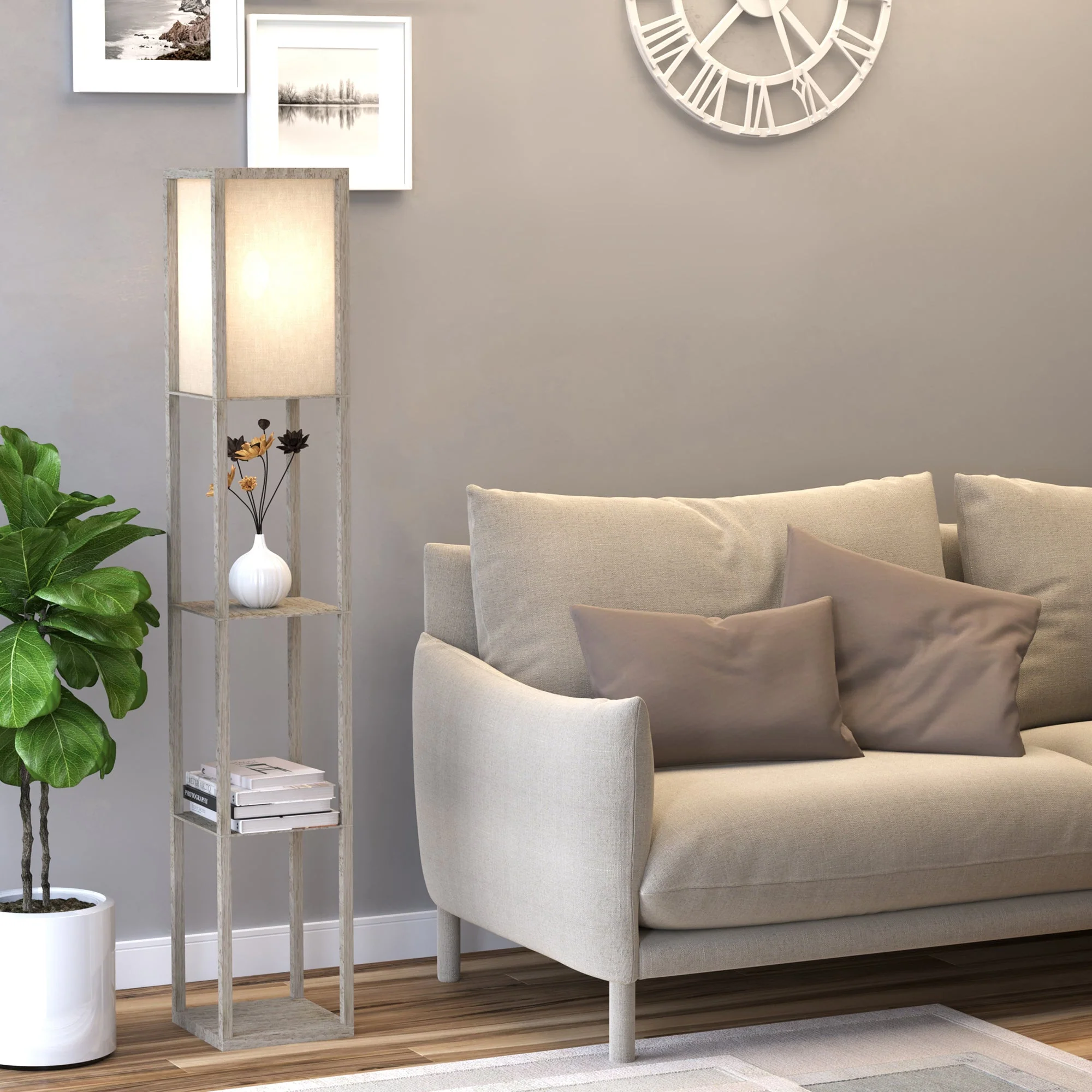 Medium-density fibreboard 3-Tier Shelves Floor Lamp Oak/White - Image 2