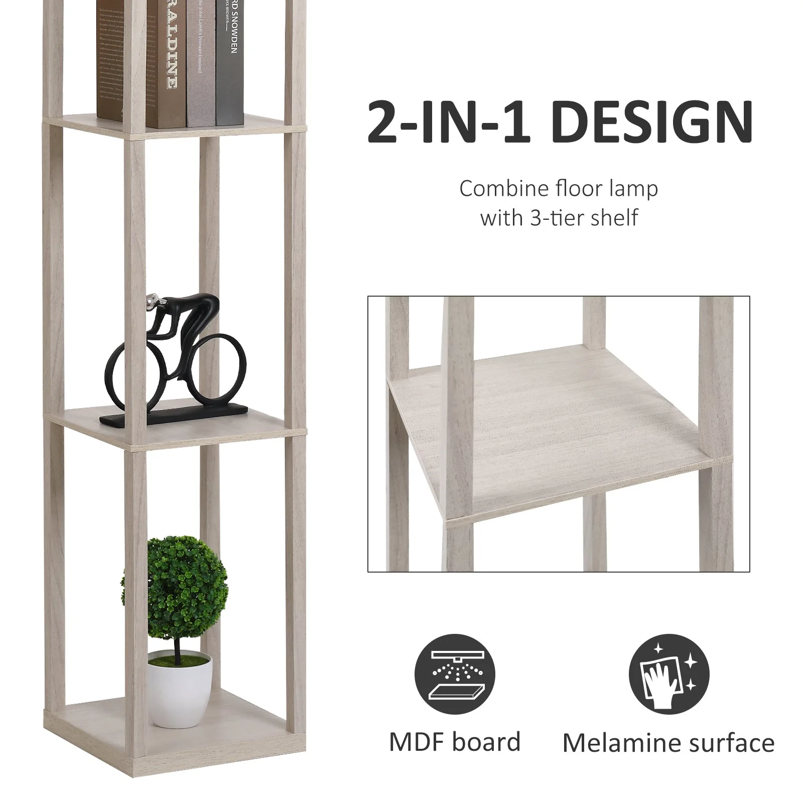 Medium-density fibreboard 3-Tier Shelves Floor Lamp Oak/White - Image 5