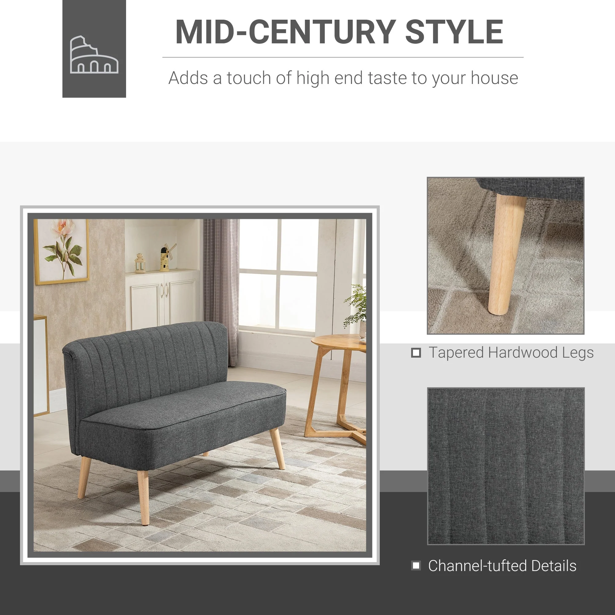 Modern Double Seat Sofa Loveseat Couch 2 Seater Compact Sofa Padded Linen Wood Leg Dark Grey - Image 4
