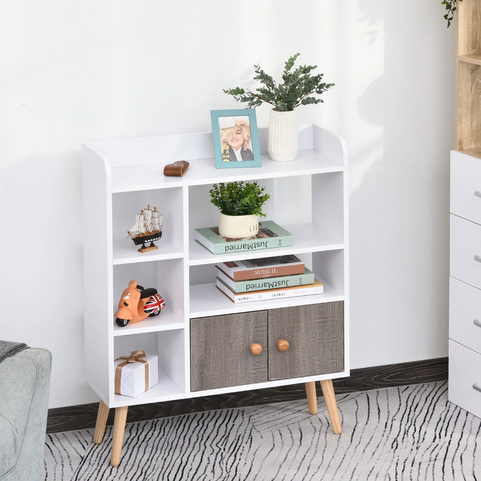 Multi-Shelf Modern Bookcase Freestanding Storage w/ Cabinet 6 Shelves Wood Legs Home Office Display Furniture Stylish White - Image 2