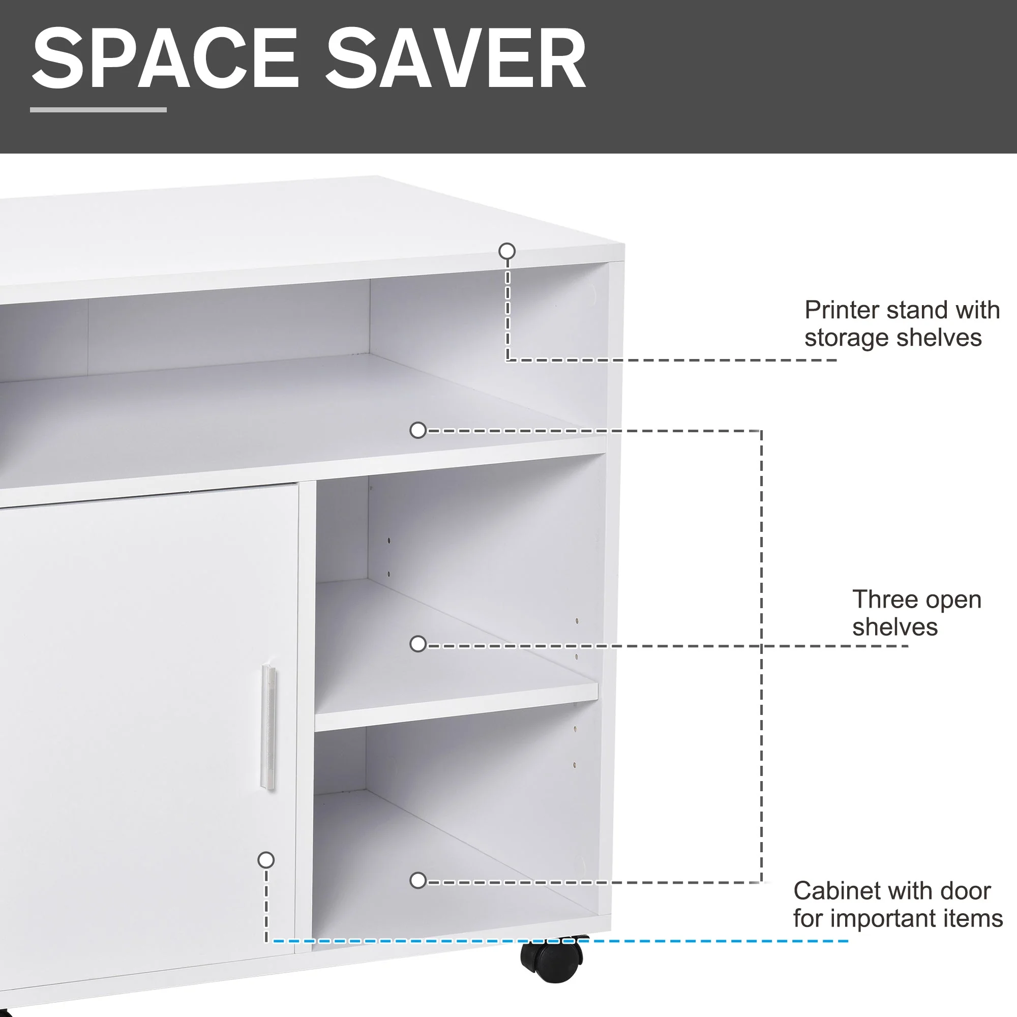 Multi-Storage Printer Stand Unit Office Desk Side Mobile Storage w/ Wheels Modern Style 60L x 50W x 65.5H cm - White - Image 5