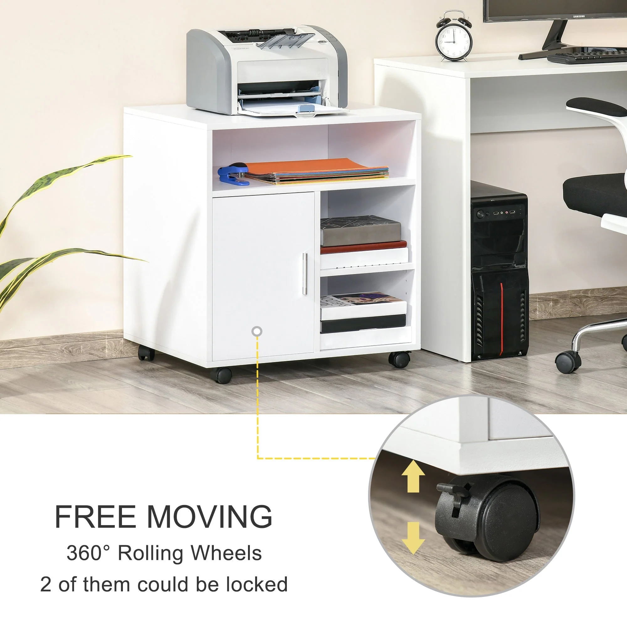 Multi-Storage Printer Stand Unit Office Desk Side Mobile Storage w/ Wheels Modern Style 60L x 50W x 65.5H cm - White - Image 6