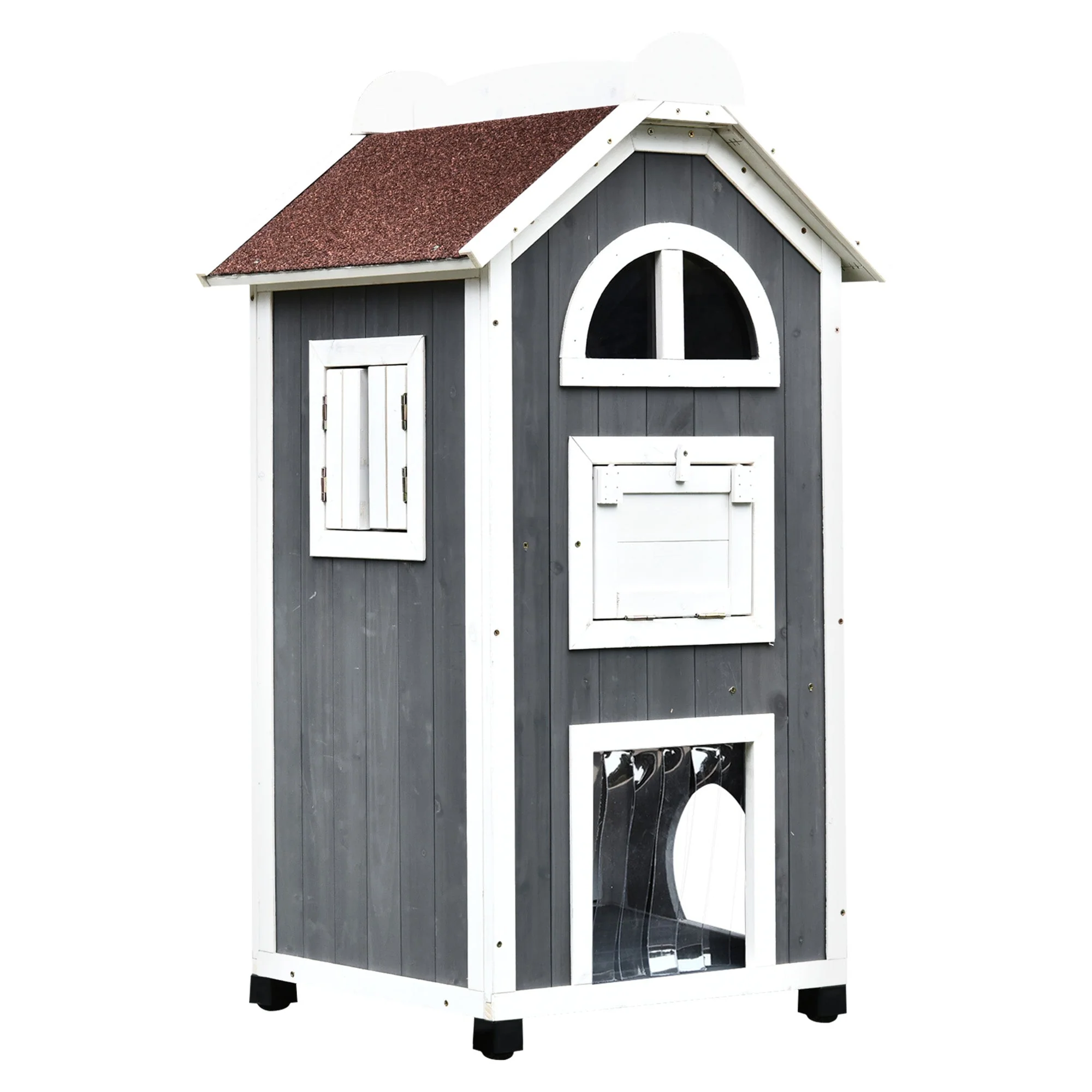 Nordic 109cm Cat House Fir Wood Grey & White by Pawhut - Image 3