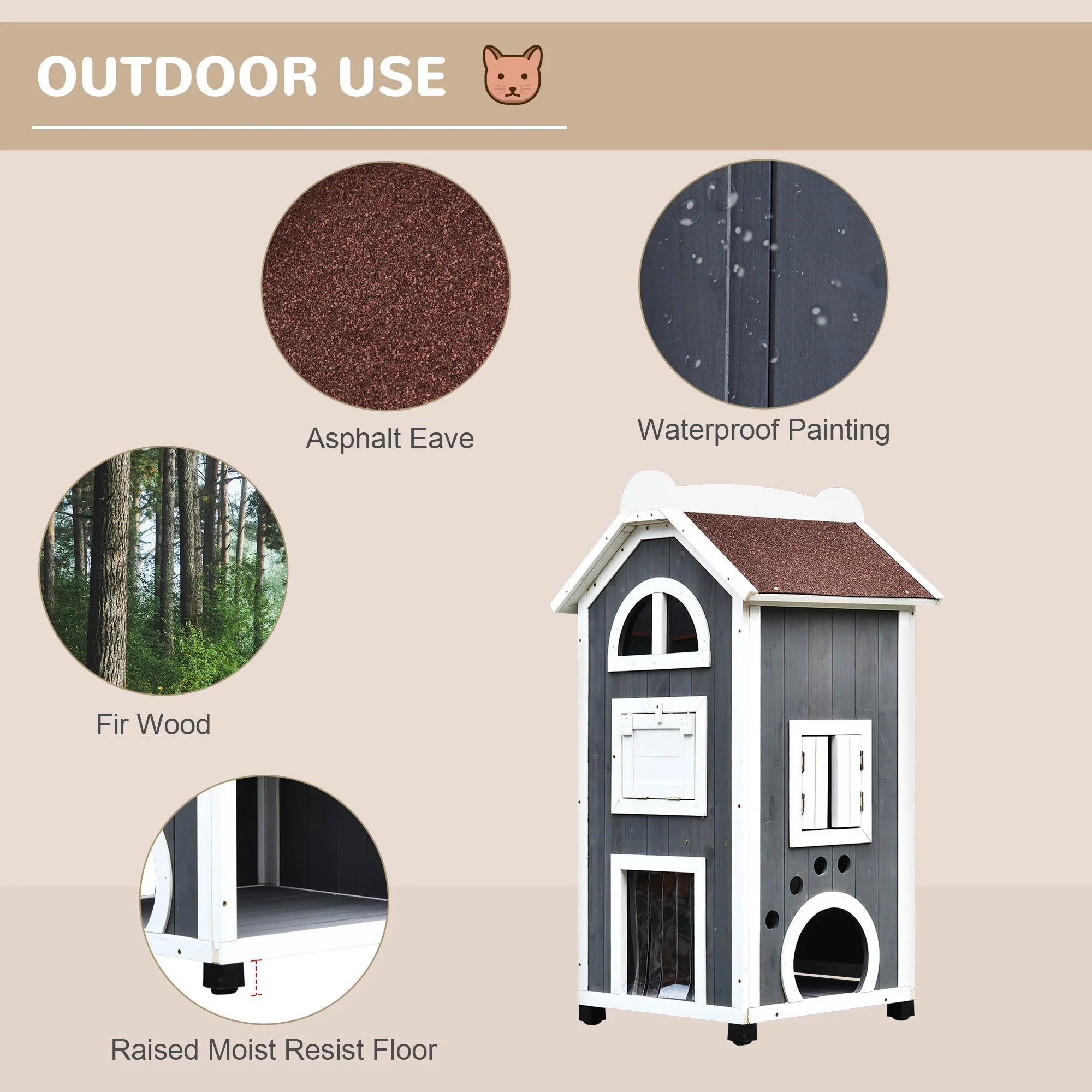 Nordic 109cm Cat House Fir Wood Grey & White by Pawhut - Image 5