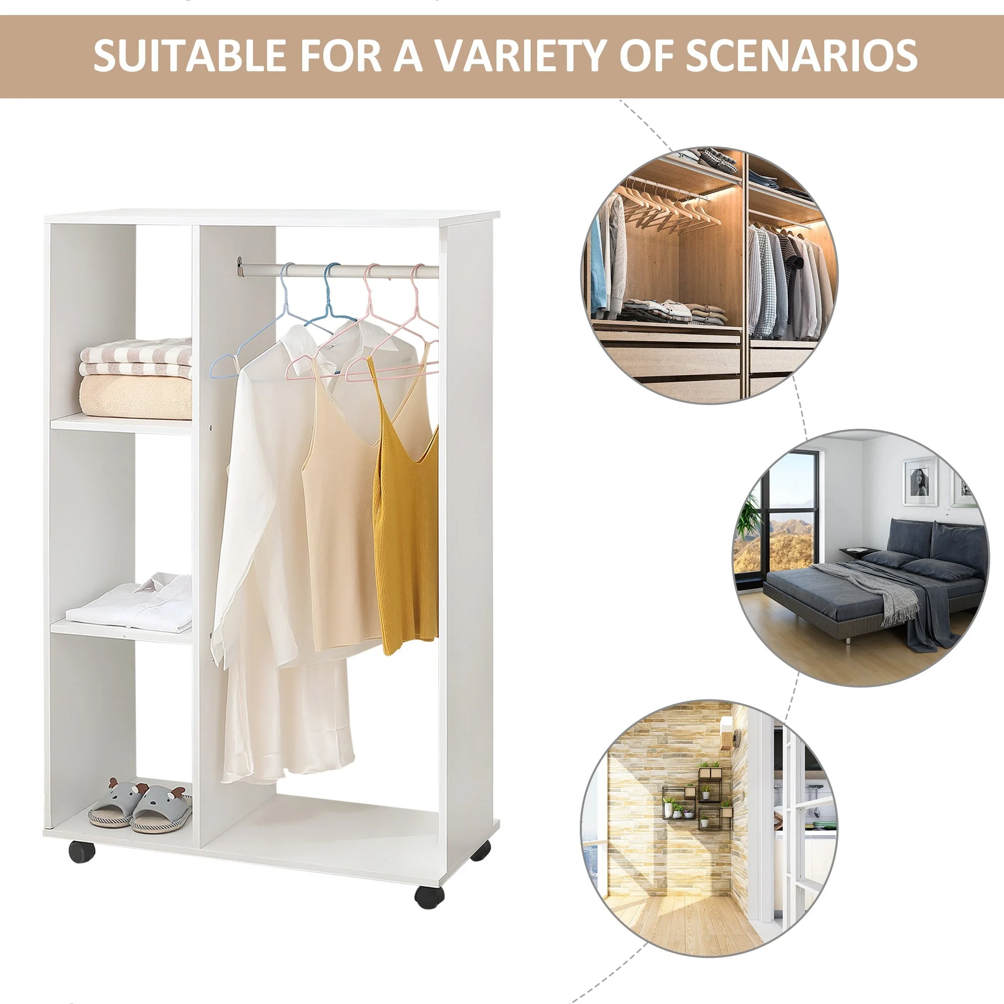 Open Wardrobe with Hanging Rail and Storage Shelves w/Wheels Bedroom-White - Image 6