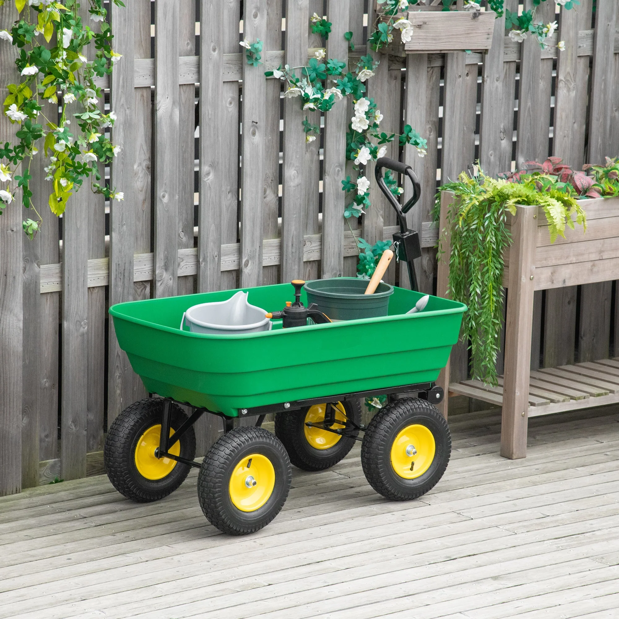 Outsunny 125 Litre Large Garden Cart Heavy Duty 4 Wheel Trolley Dump Wheelbarrow Tipping Truck Trailer - Green - Image 2