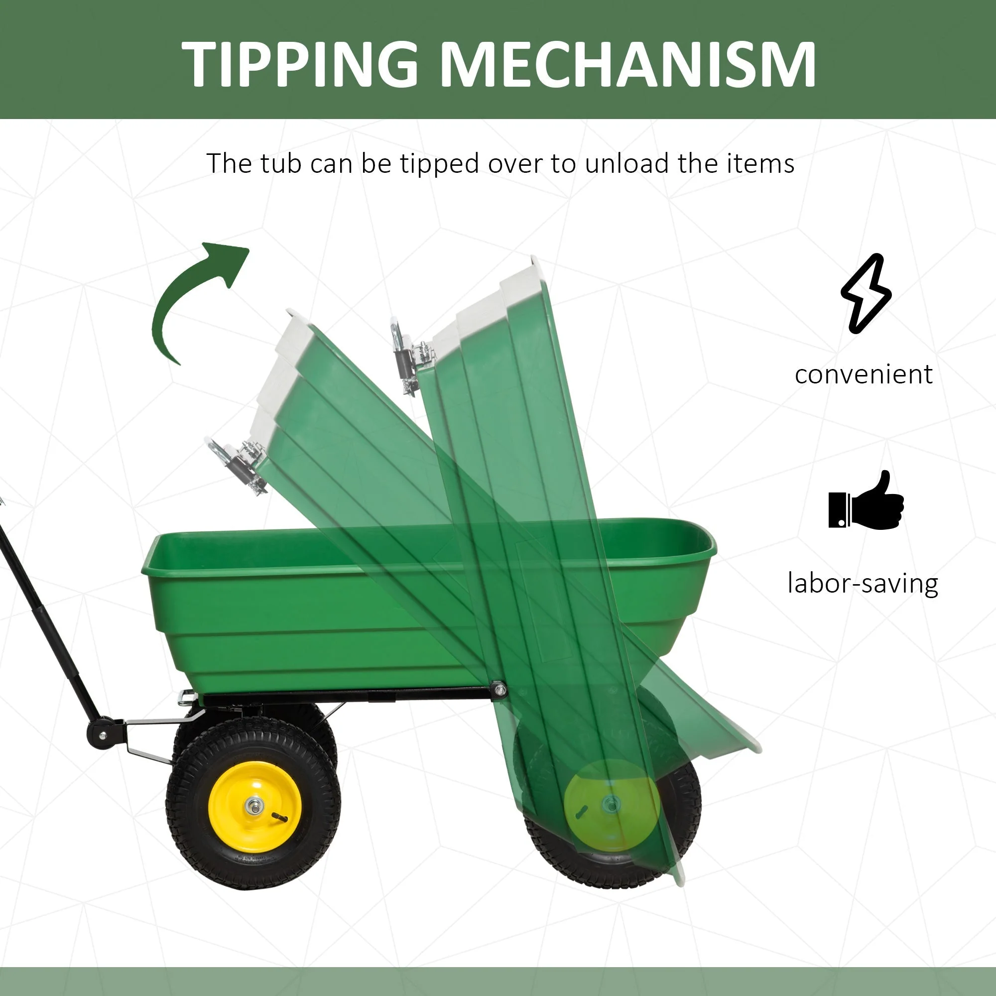 Outsunny 125 Litre Large Garden Cart Heavy Duty 4 Wheel Trolley Dump Wheelbarrow Tipping Truck Trailer - Green - Image 4