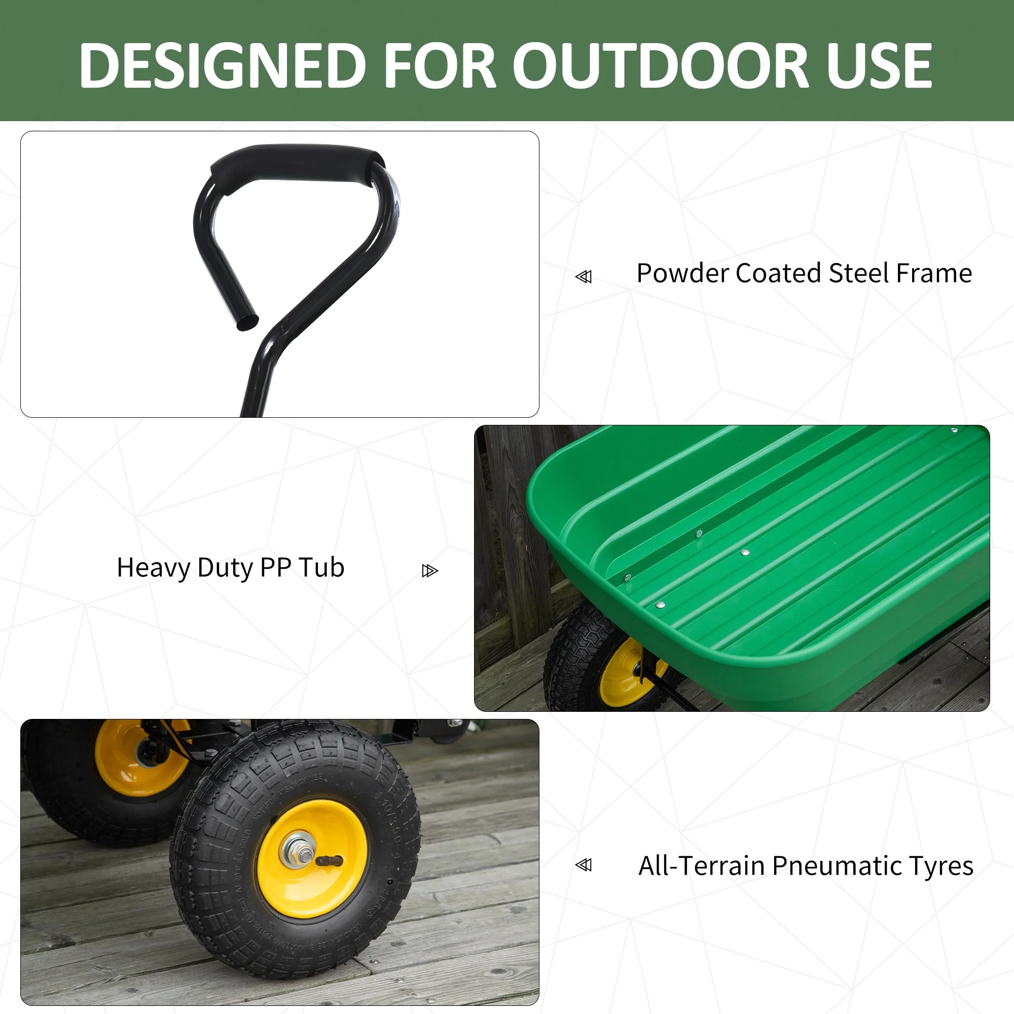 Outsunny 125 Litre Large Garden Cart Heavy Duty 4 Wheel Trolley Dump Wheelbarrow Tipping Truck Trailer - Green - Image 5