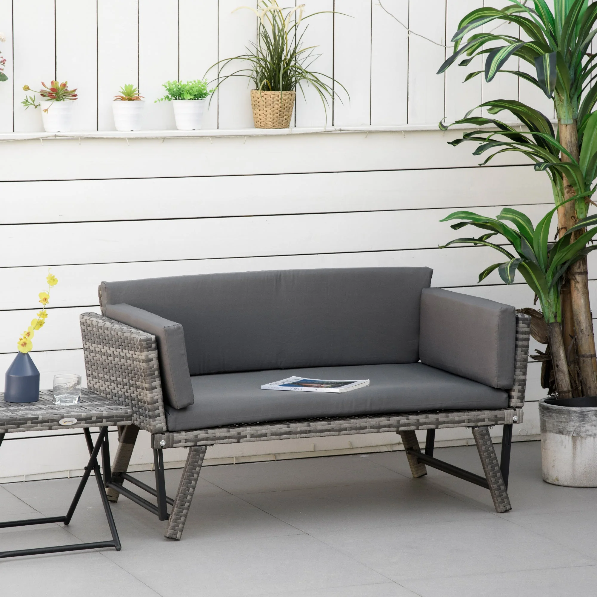 Outsunny 2 In 1 Rattan Folding Daybed Sofa Bench Garden Chaise Lounger Loveseat With Cushion Outdoor Patio Mixed Grey - Image 2
