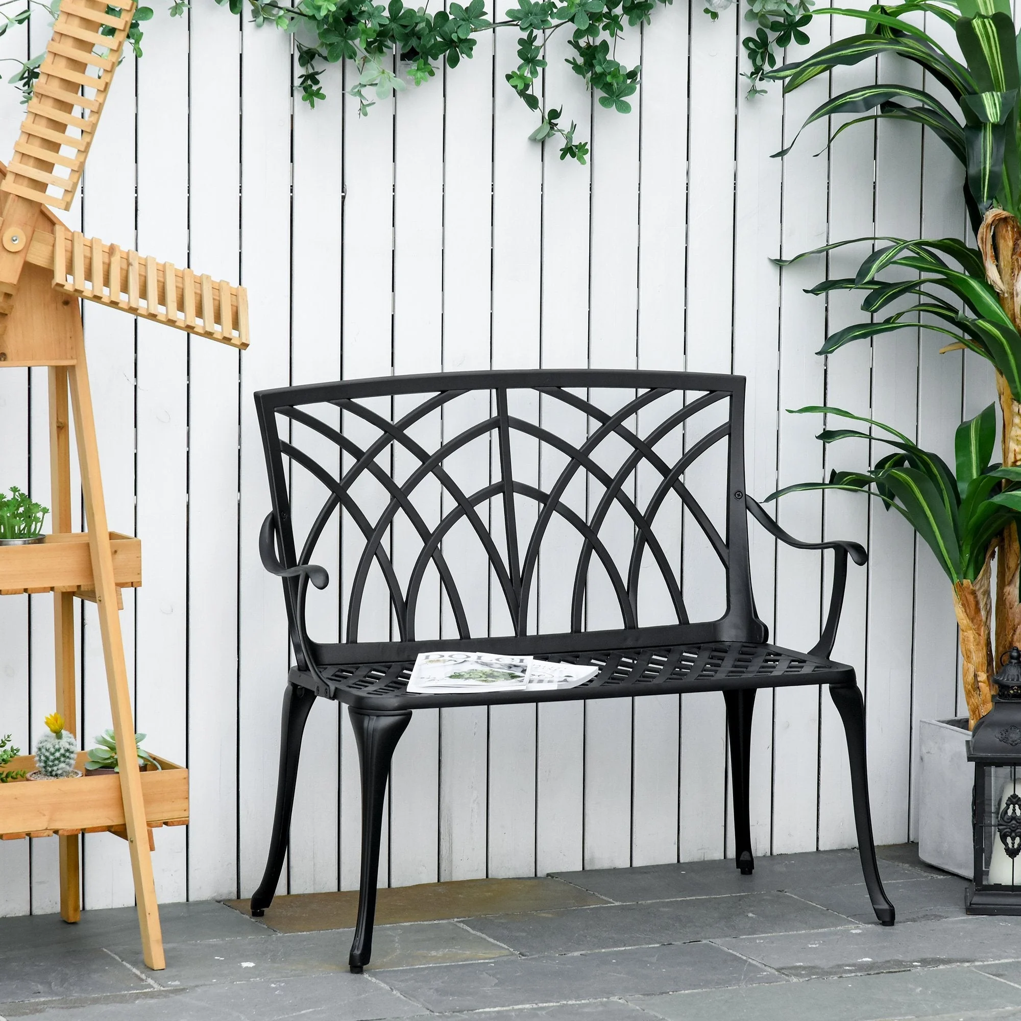 Outsunny 2-Seater Cast Aluminium Garden Bench Loveseat Outdoor Furniture Chair w/ Decorative Backrest & Ergonomic Armrest for Patio Terrace Porch - Image 2