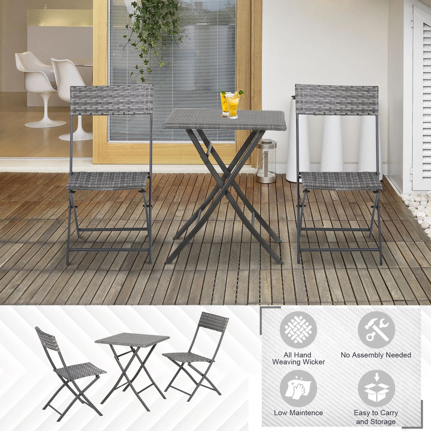 Outsunny 2-Seater Chair Bistro Set Garden Patio Table & Chair Black Rattan Furniture Grey - Image 4