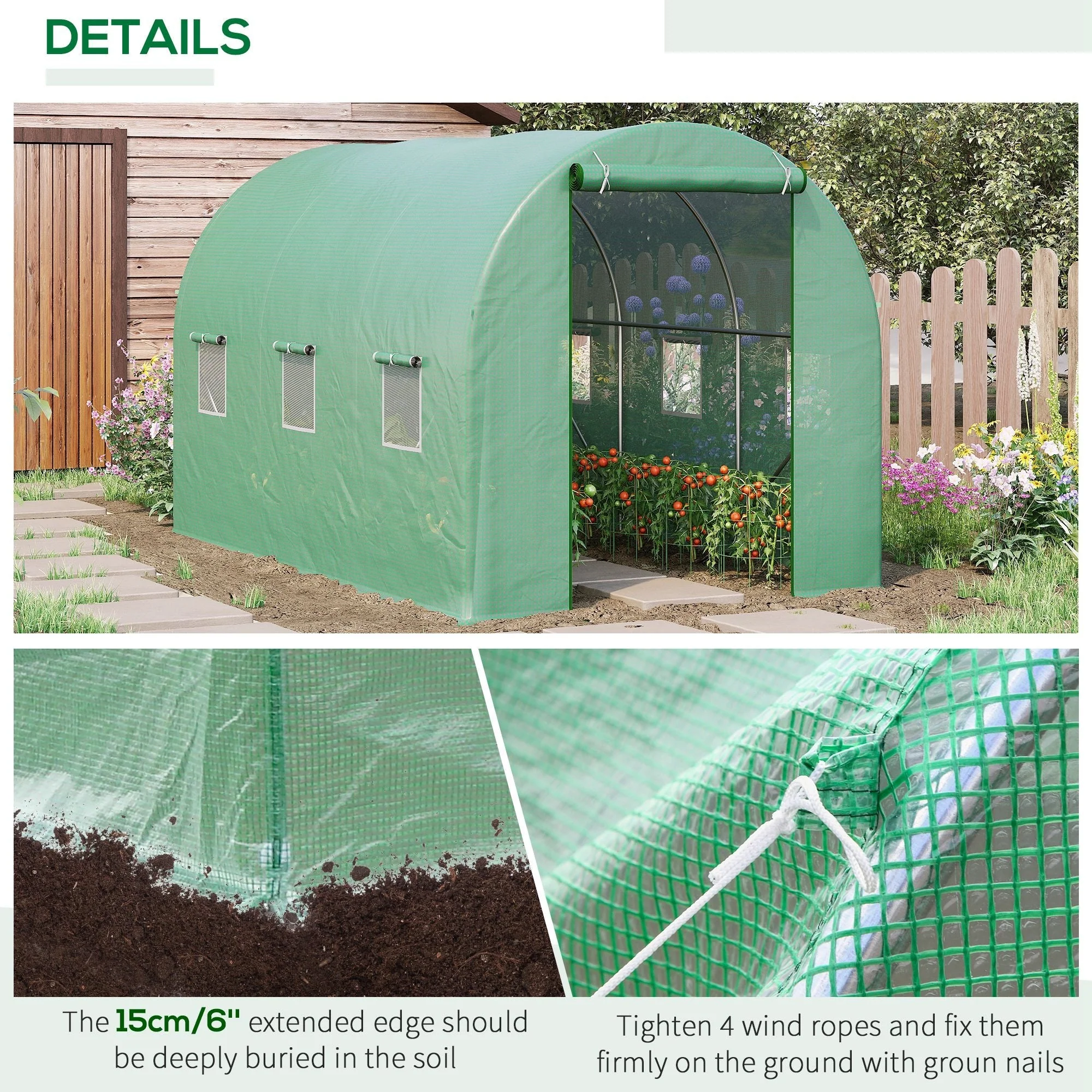 Outsunny 3.5 X 2M Walk-In Polytunnel Greenhouse With Steel Frame Pe Cover Roll-Up Door And 6 Windows Green - Image 5