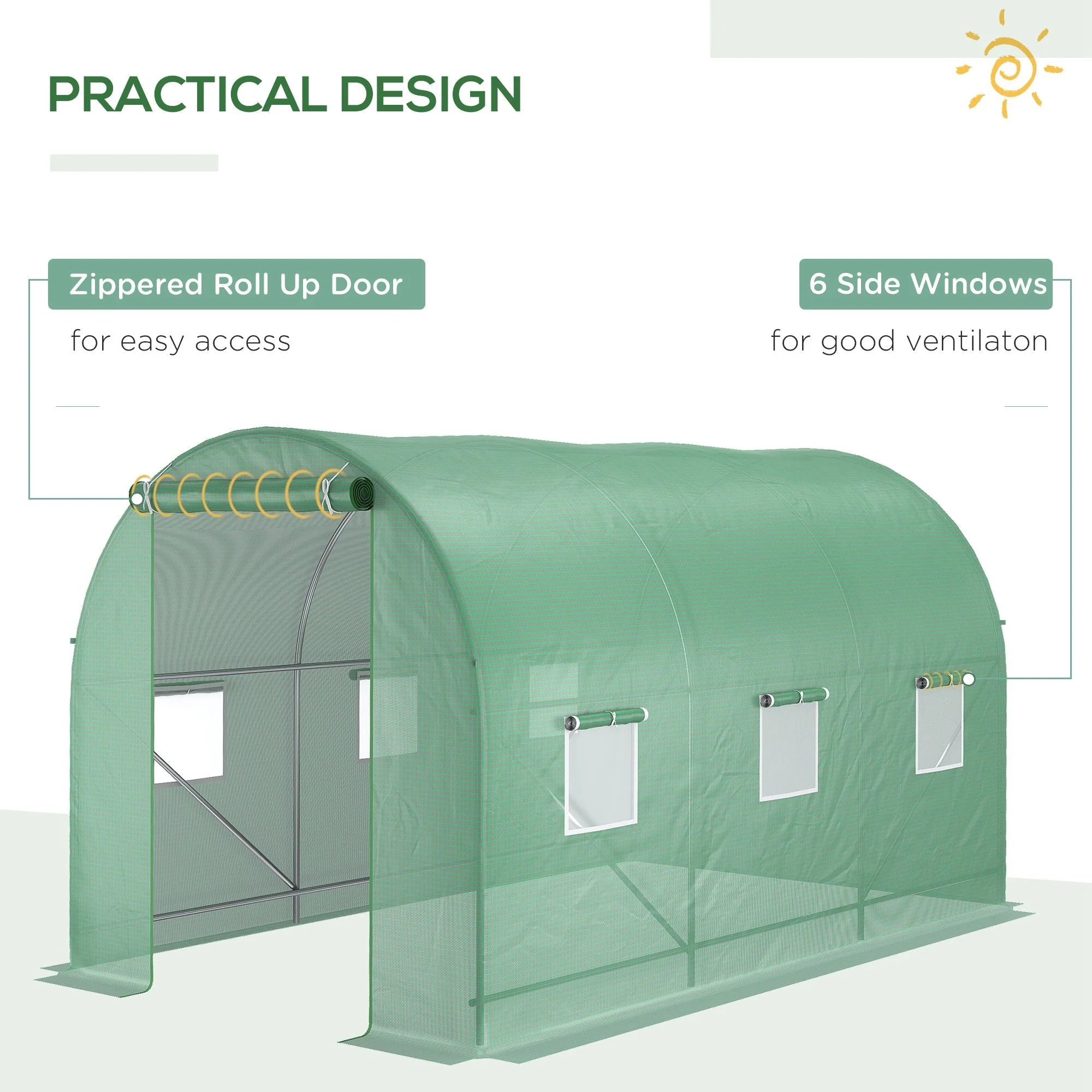 Outsunny 3.5 X 2M Walk-In Polytunnel Greenhouse With Steel Frame Pe Cover Roll-Up Door And 6 Windows Green - Image 6