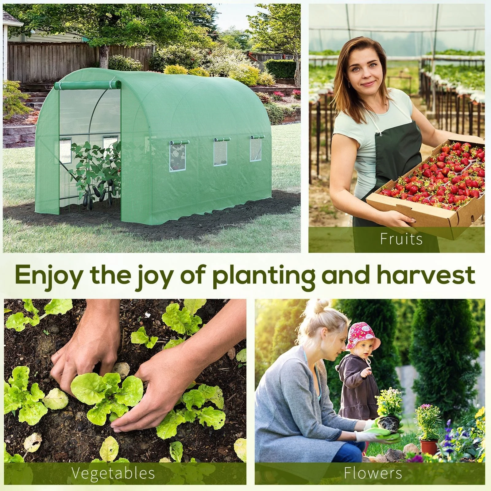 Outsunny 3.5 X 2M Walk-In Polytunnel Greenhouse With Steel Frame Pe Cover Roll-Up Door And 6 Windows Green - Image 7