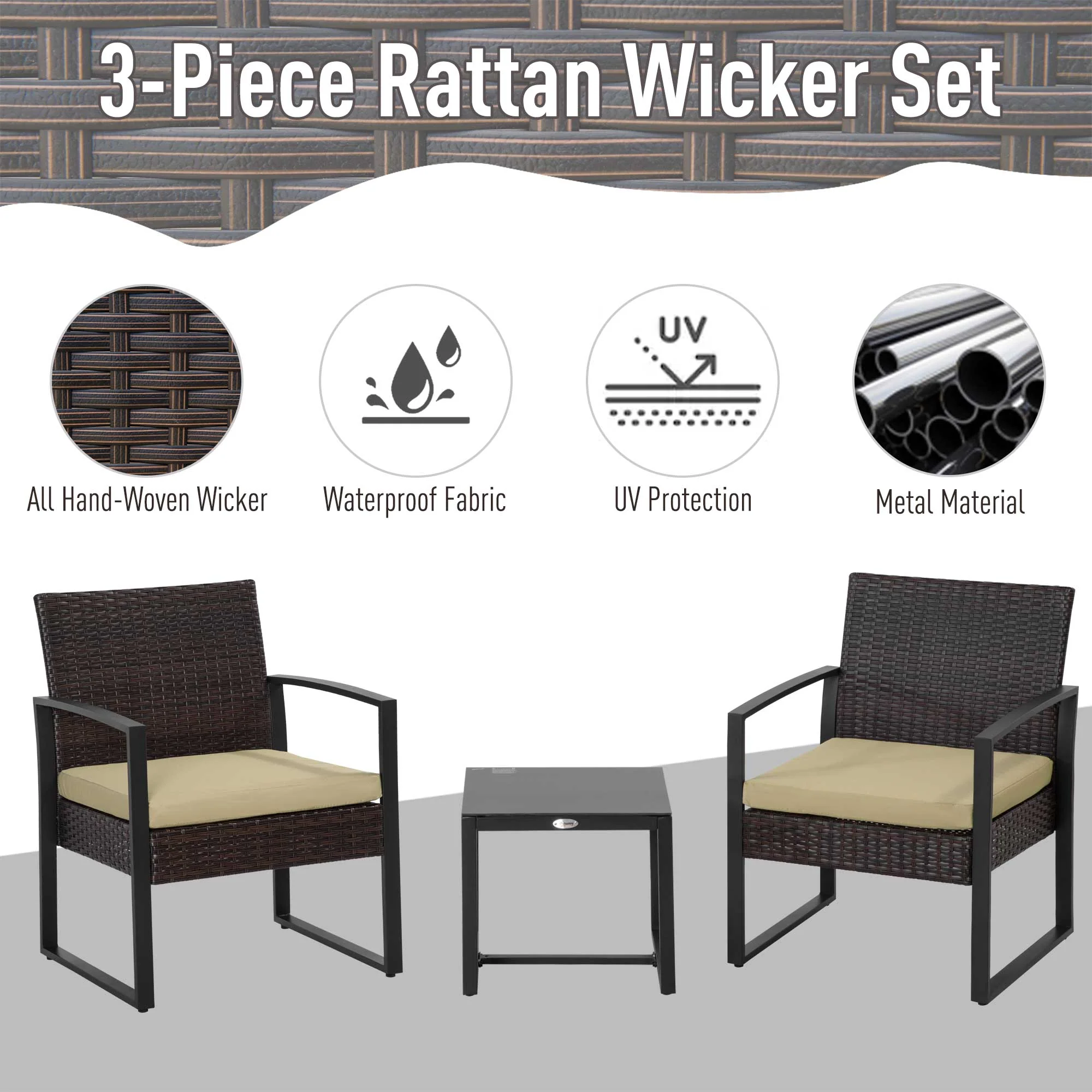 Outsunny 3 Pcs Pe Rattan Wicker Garden Furniture Patio Bistro Set Weave Conservatory Sofa Coffee Table And Chairs Set Beige - Image 4