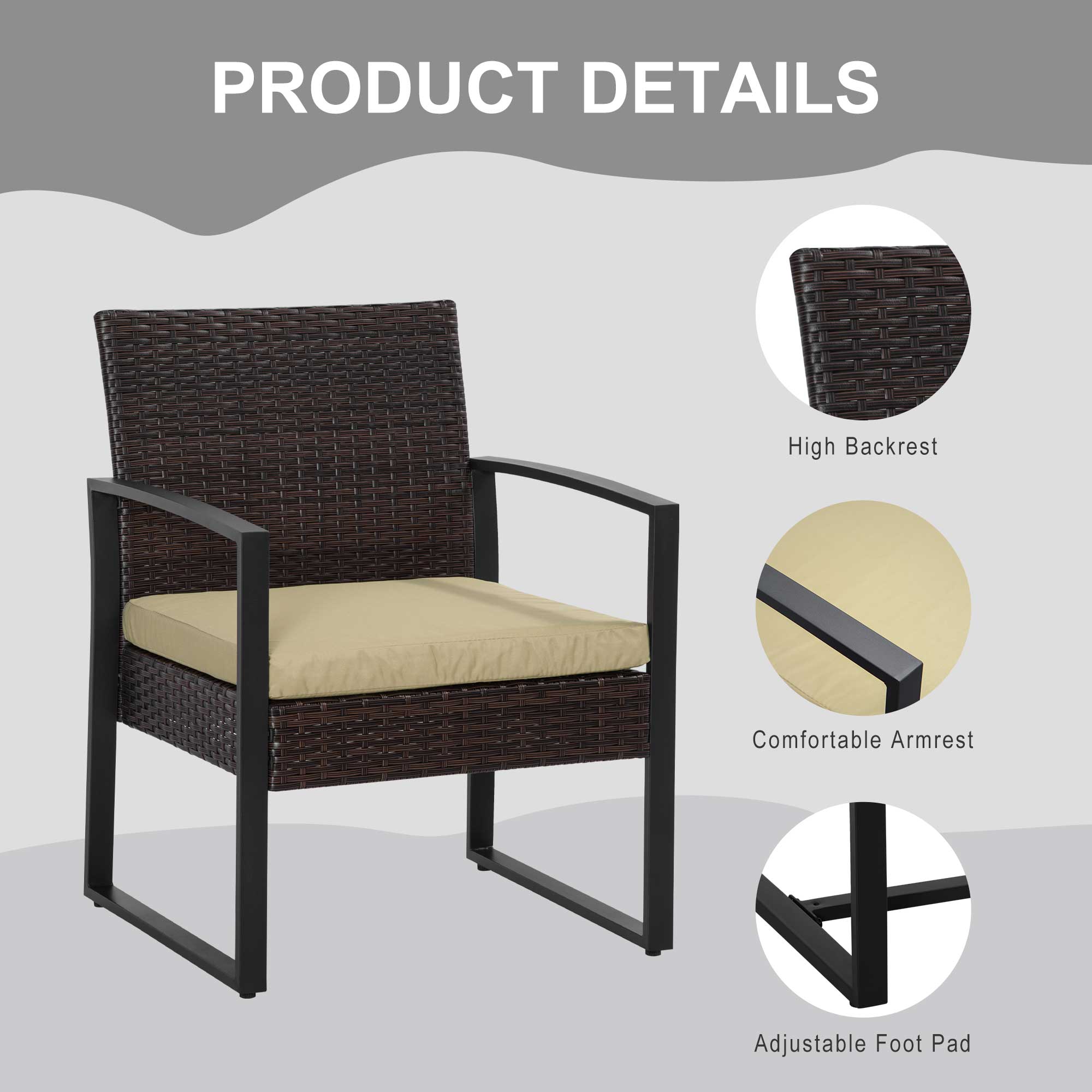 Outsunny 3 Pcs Pe Rattan Wicker Garden Furniture Patio Bistro Set Weave Conservatory Sofa Coffee Table And Chairs Set Beige - Image 6